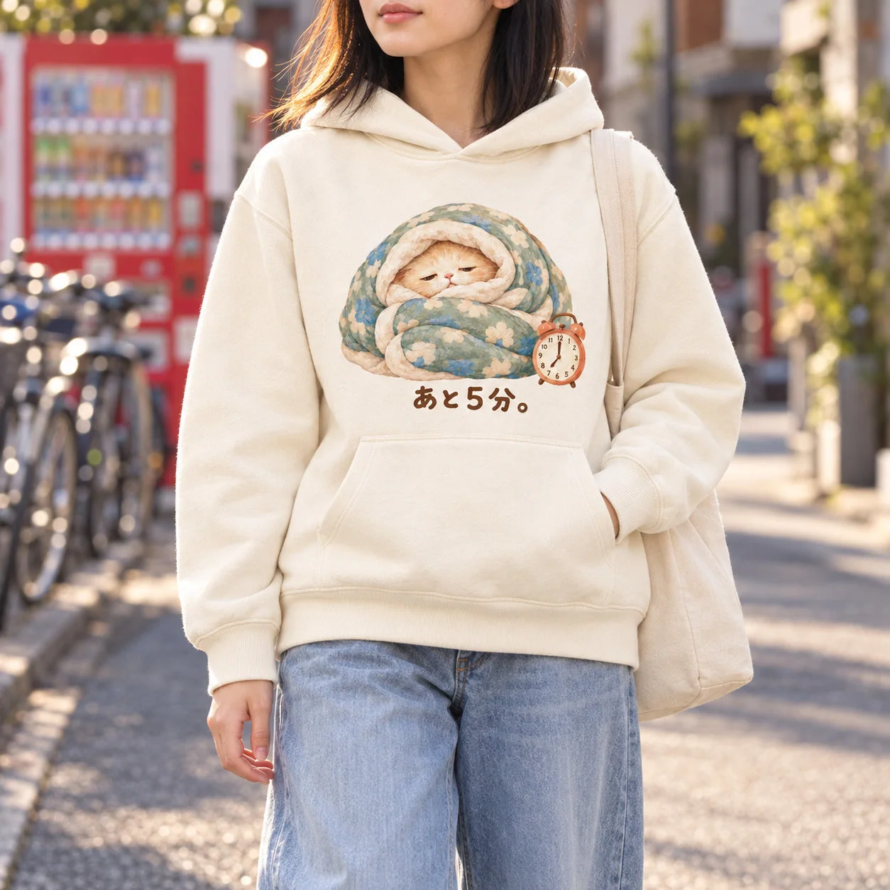 あと5分。ふとん猫パーカー ナチュラル ストリートスタイル 着用イメージ
