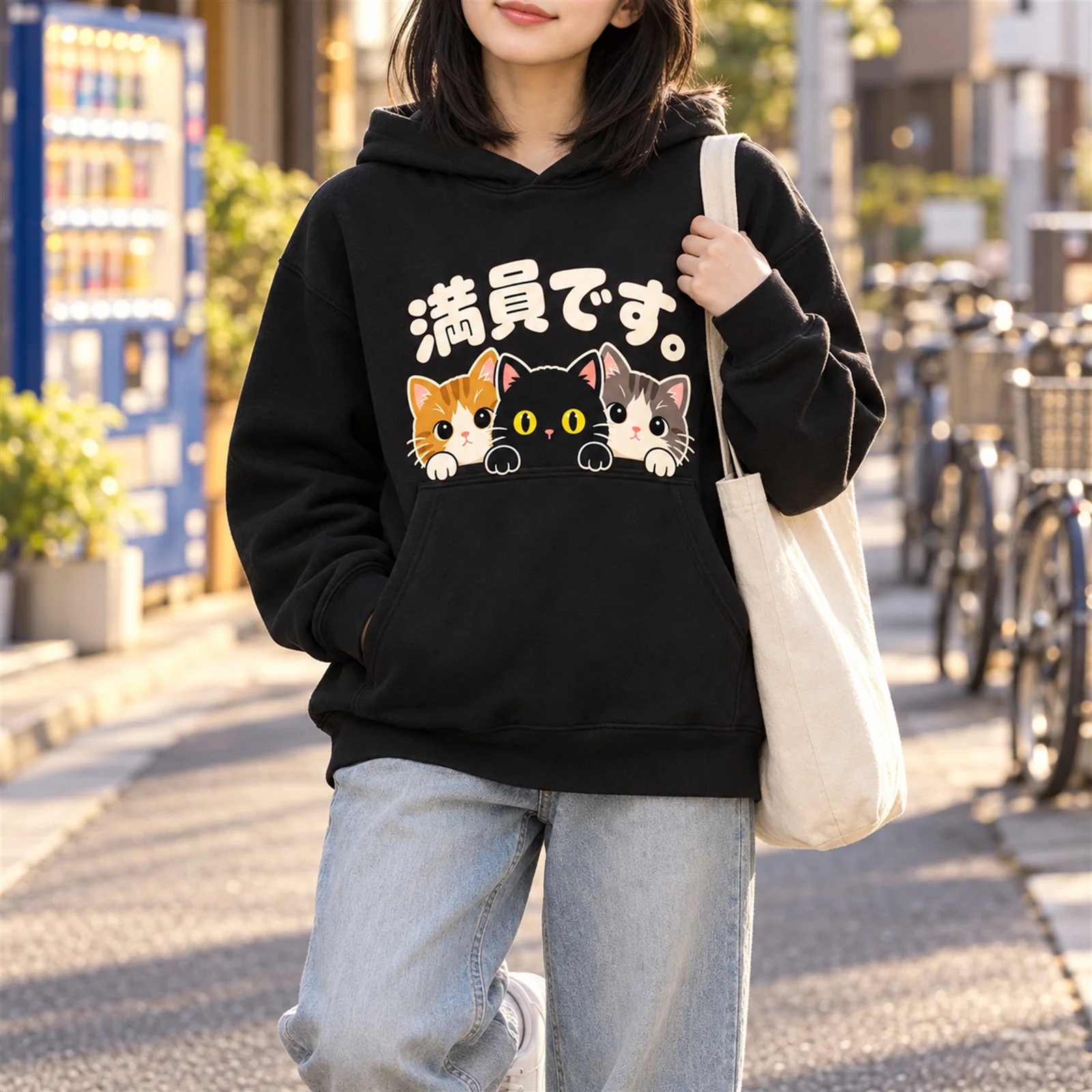 「満員です。」子猫パーカー ブラック ストリートスタイル 着用イメージ