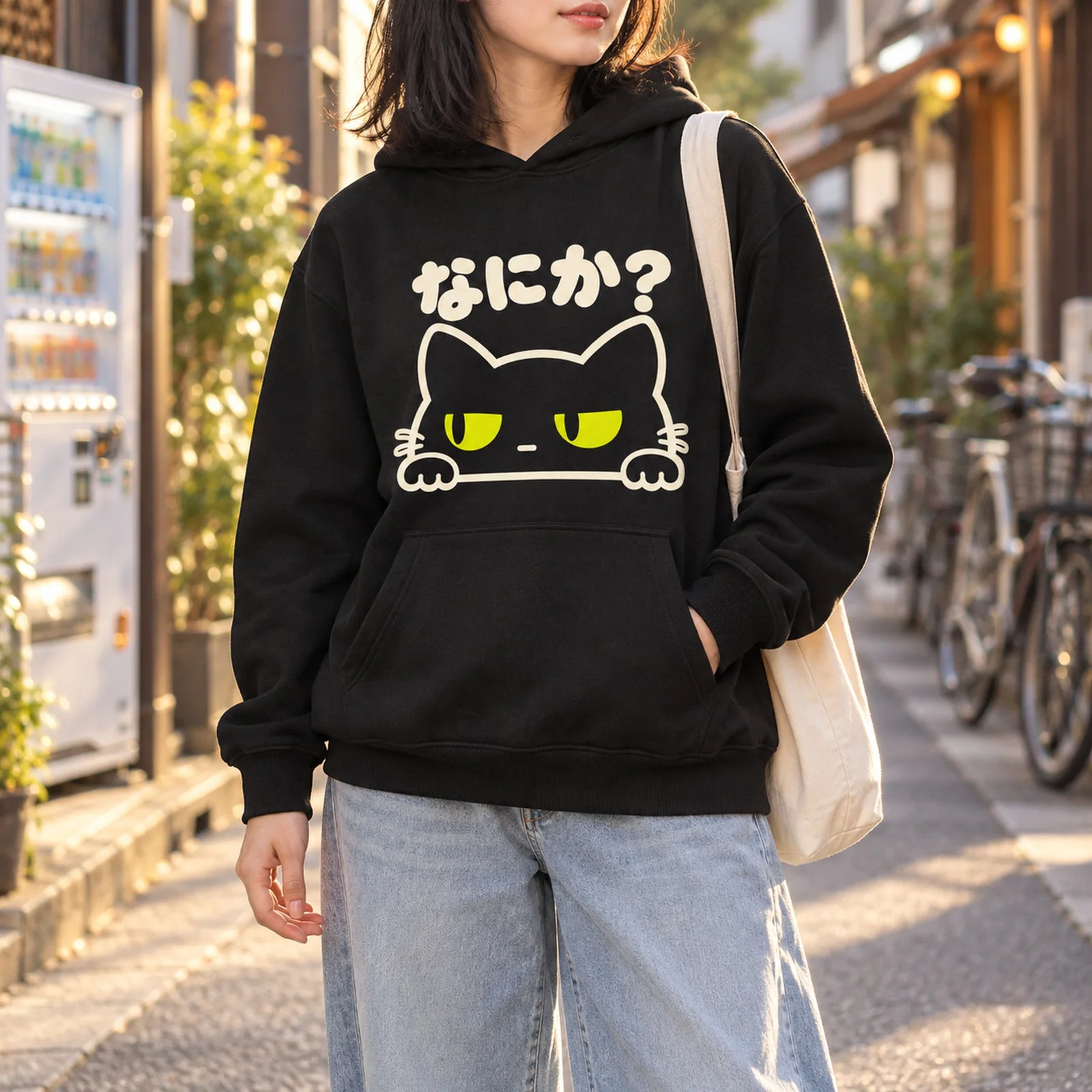 「なにか？」ジト目黒猫パーカー ブラック ストリートスタイル 着用イメージ