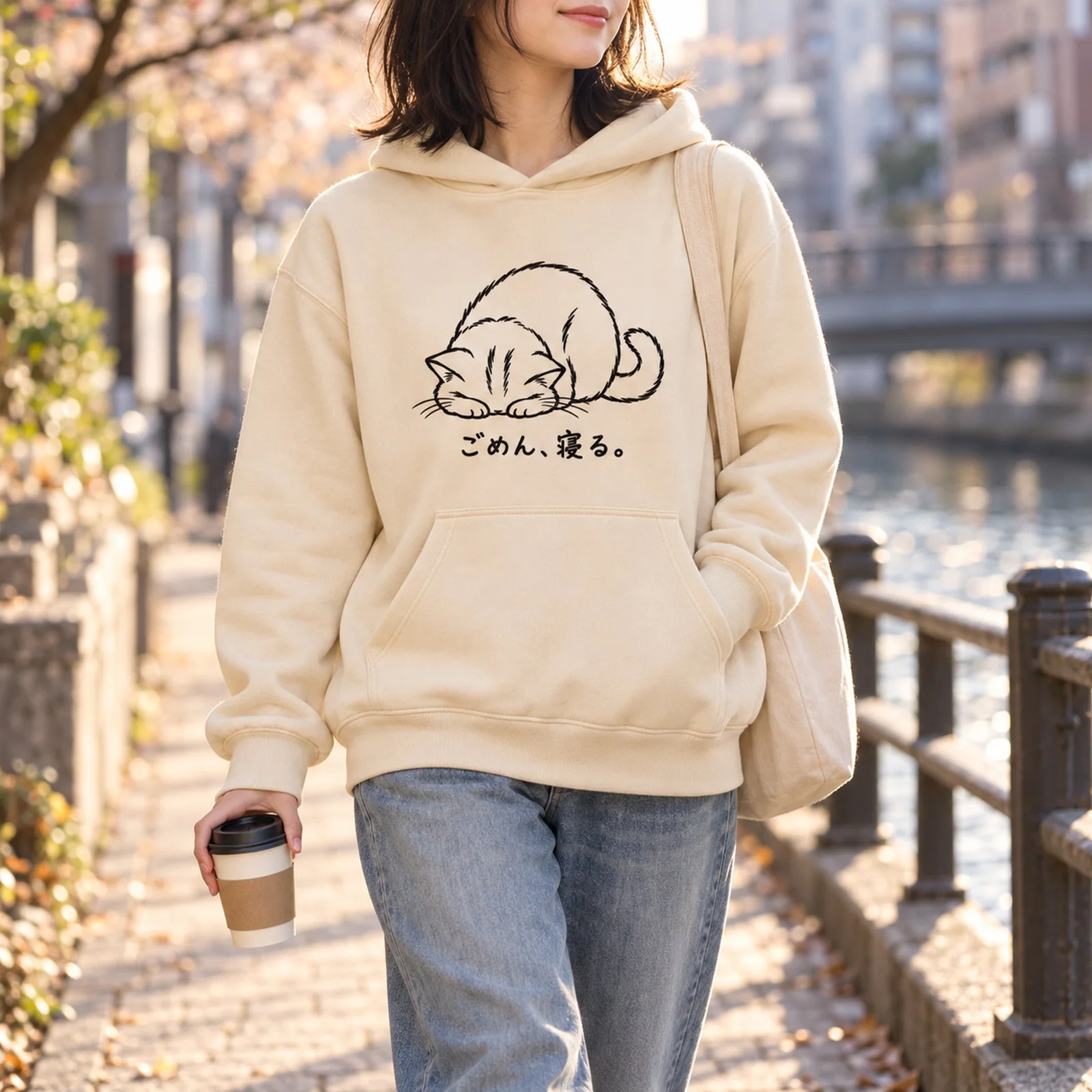 ごめん寝猫パーカー ナチュラル ストリートスタイル 着用イメージ