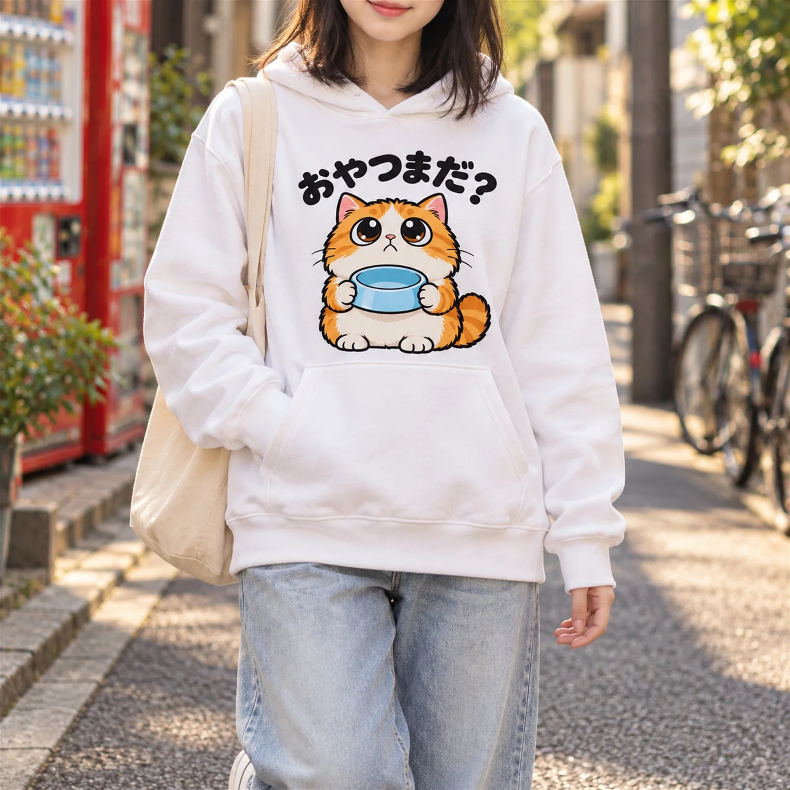 「おやつまだ？」茶トラ猫パーカー ホワイト ストリートスタイル 着用イメージ