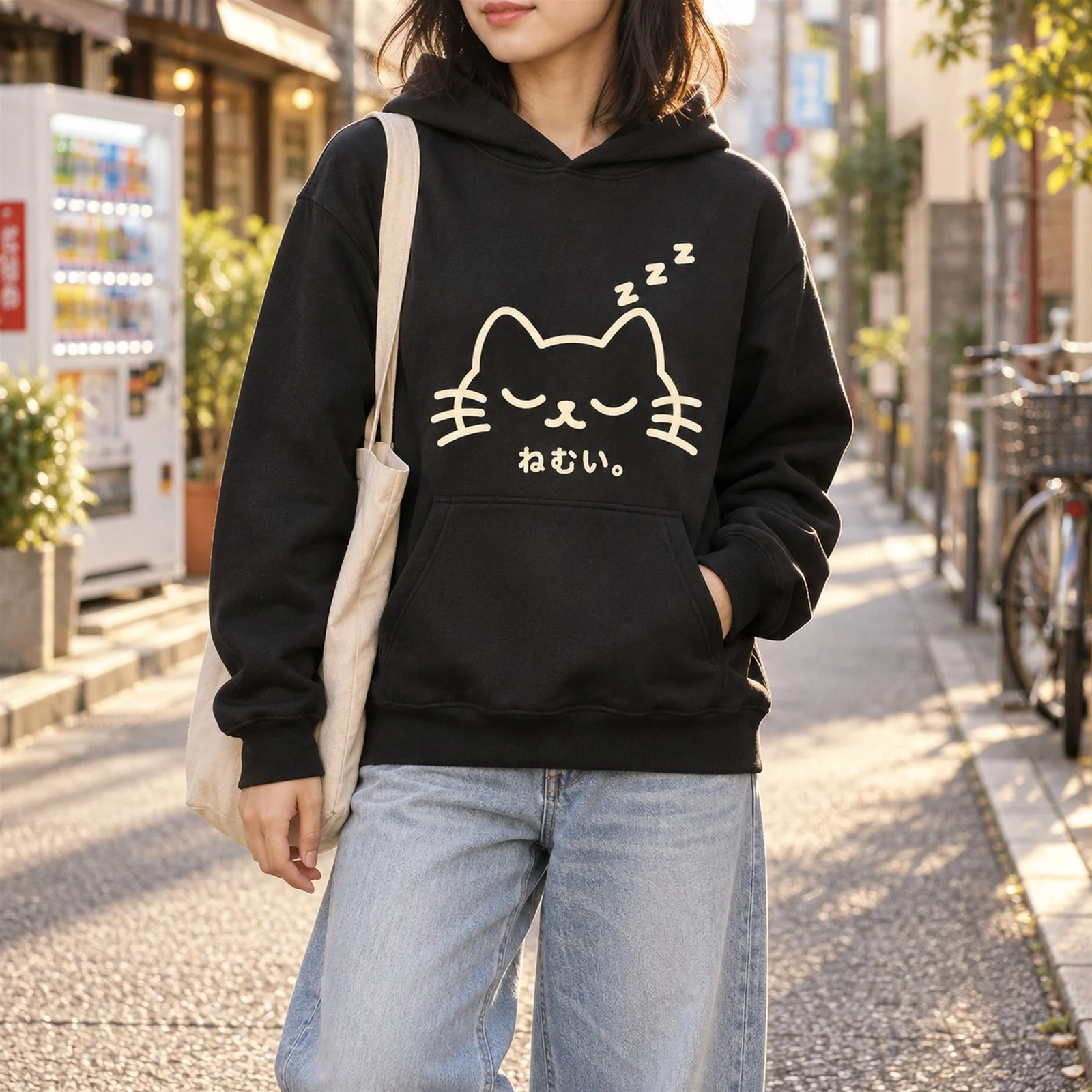 「ねむい。」猫パーカー ブラック ストリートスタイル 着用イメージ