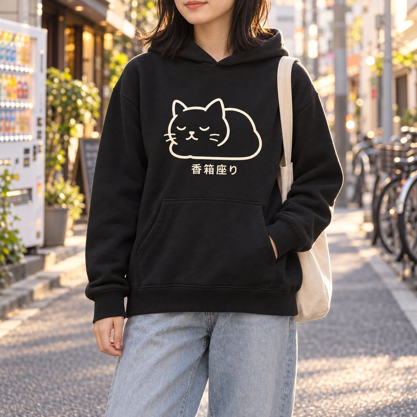 「香箱座り」猫パーカー ブラック ストリートスタイル 着用イメージ
