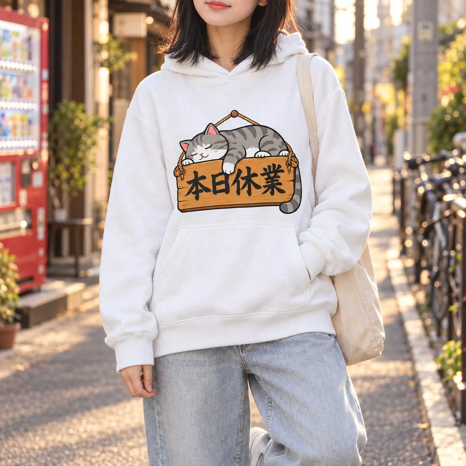 「本日休業」猫パーカー ホワイト ストリートスタイル 着用イメージ