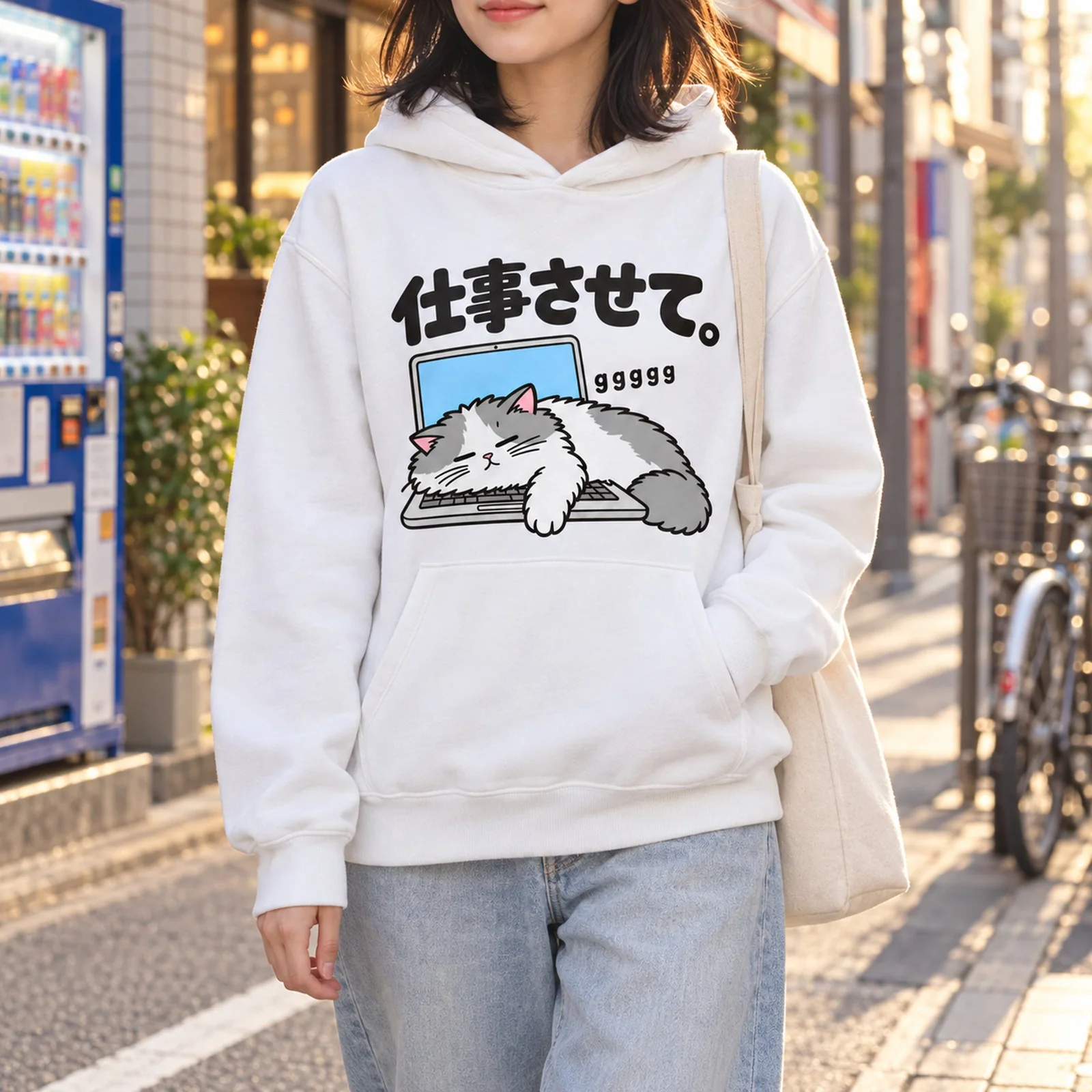 「仕事させて。」キーボード猫パーカー ホワイト ストリートスタイル 着用イメージ