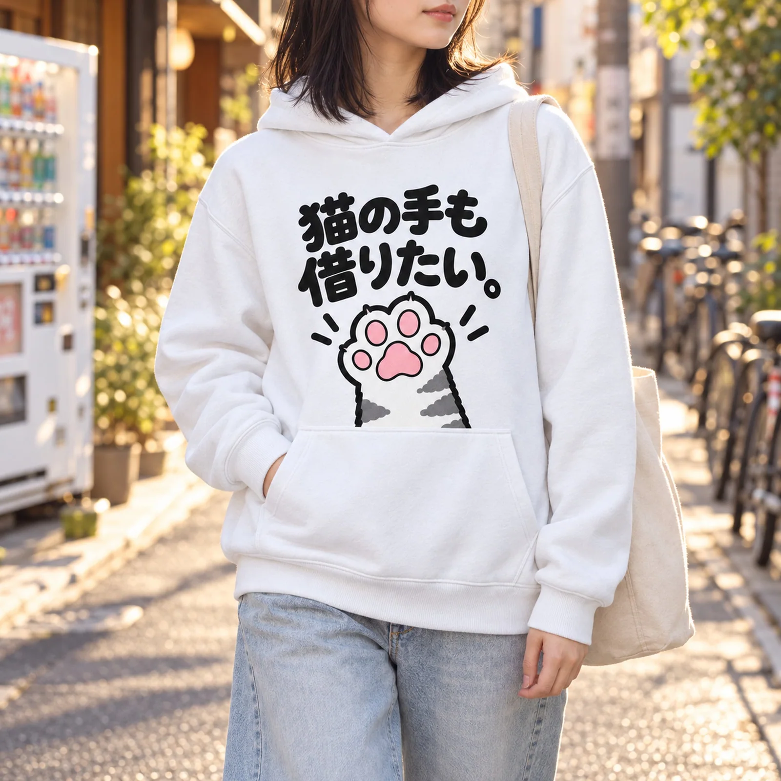 「猫の手も借りたい。」肉球パーカー ホワイト ストリートスタイル 着用イメージ