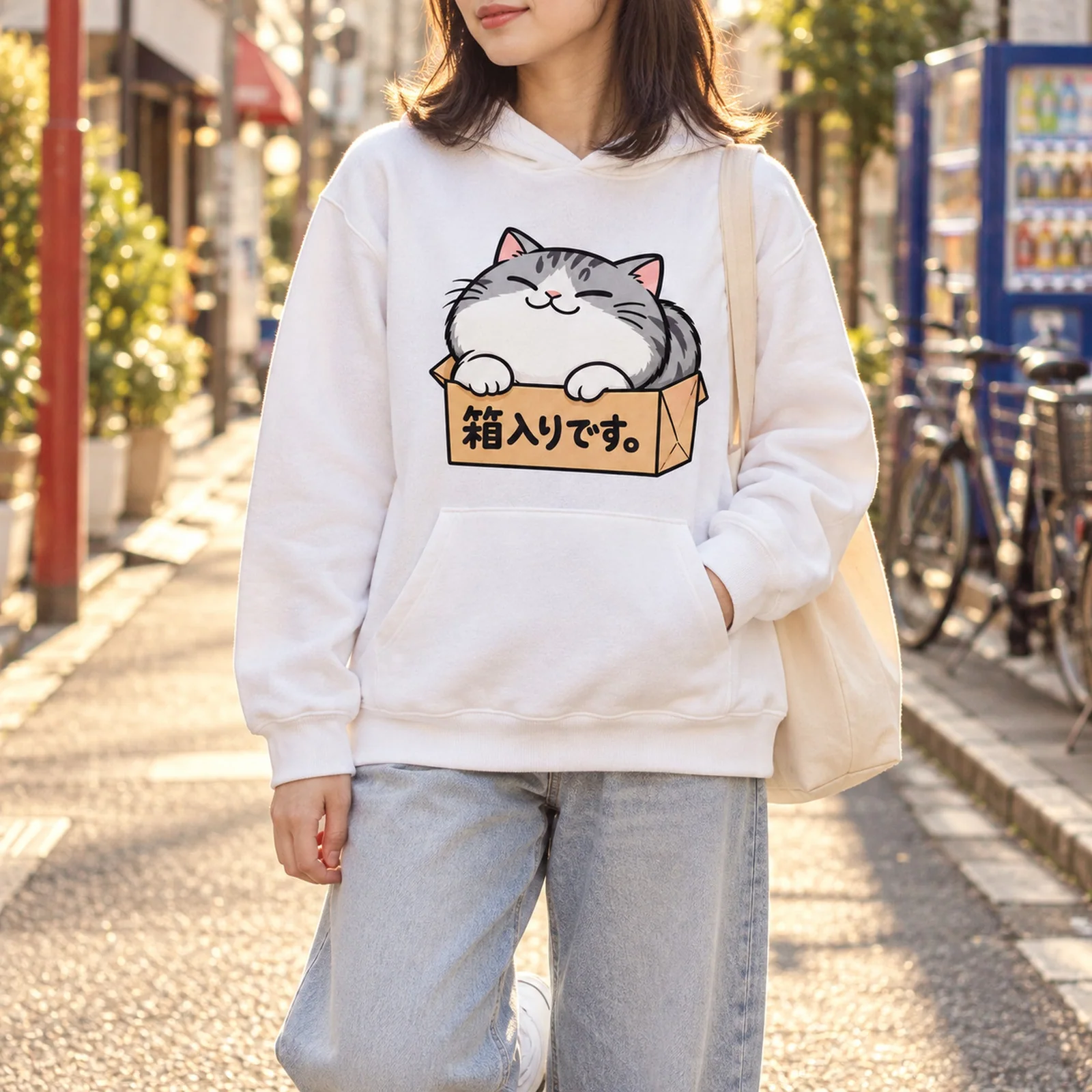 「箱入りです。」段ボール猫パーカー ホワイト ストリートスタイル 着用イメージ