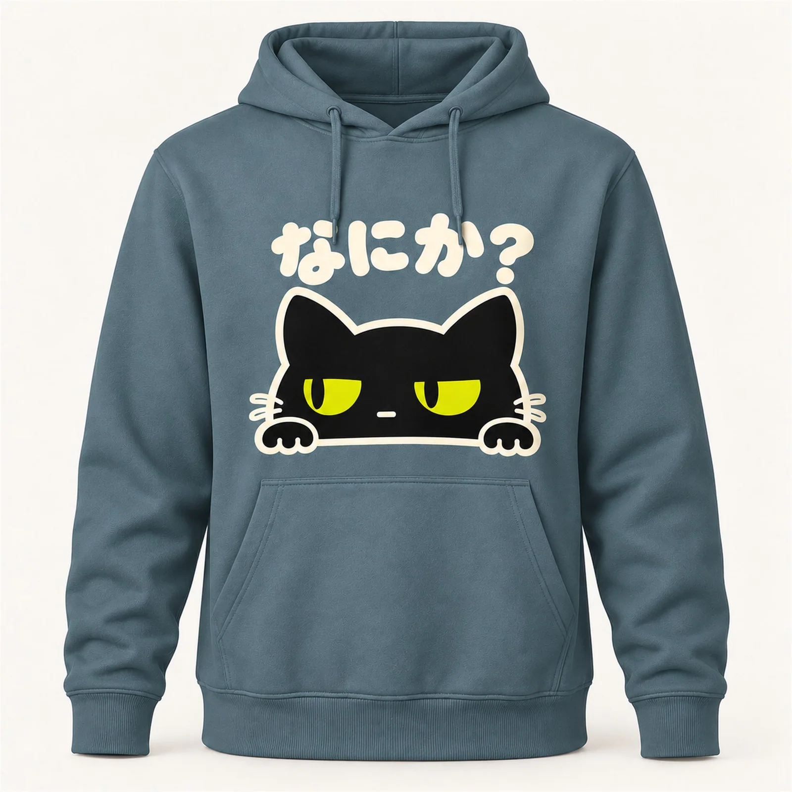 「なにか？」ジト目黒猫パーカー くすみブルー
