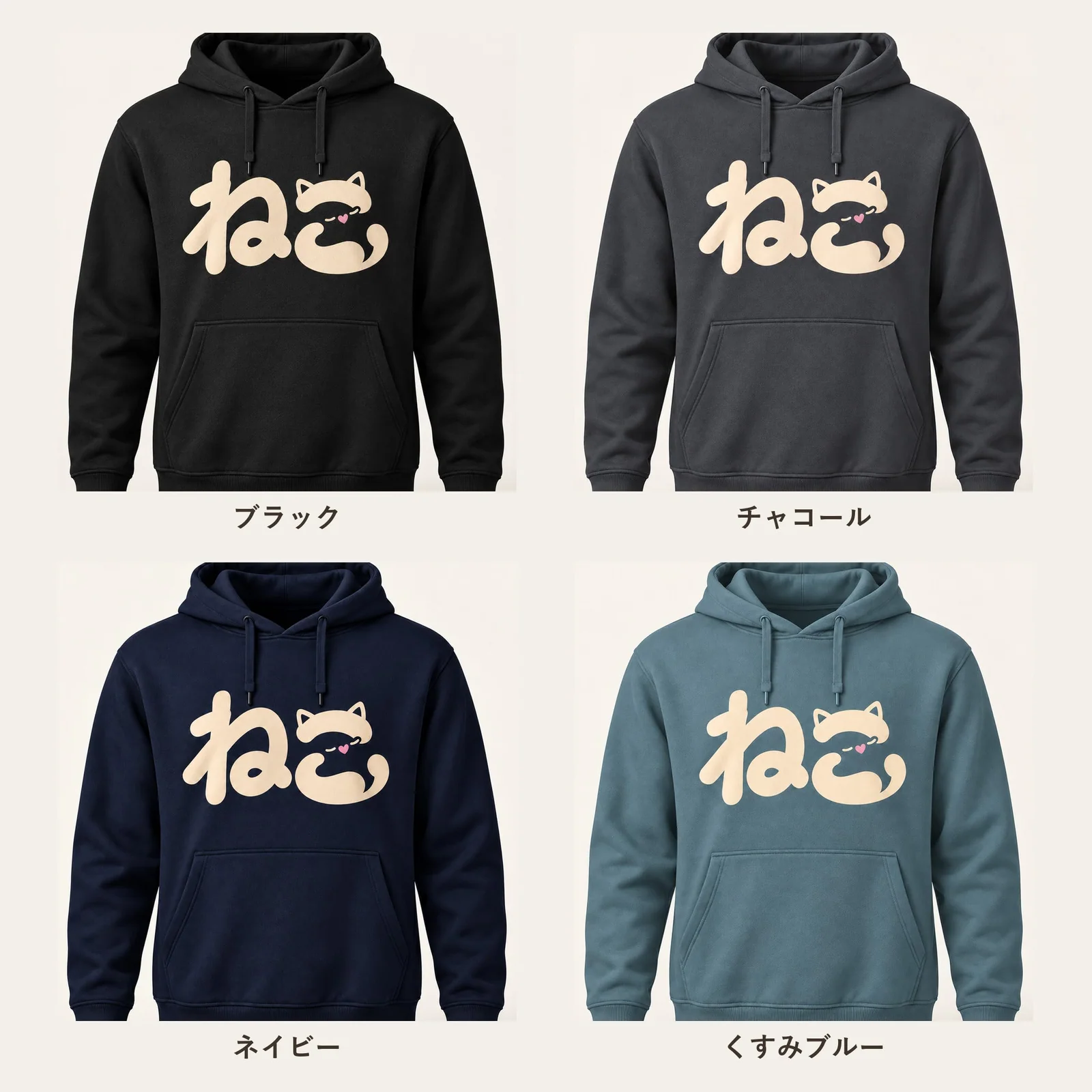 「ねこ」文字パーカー 4色展開