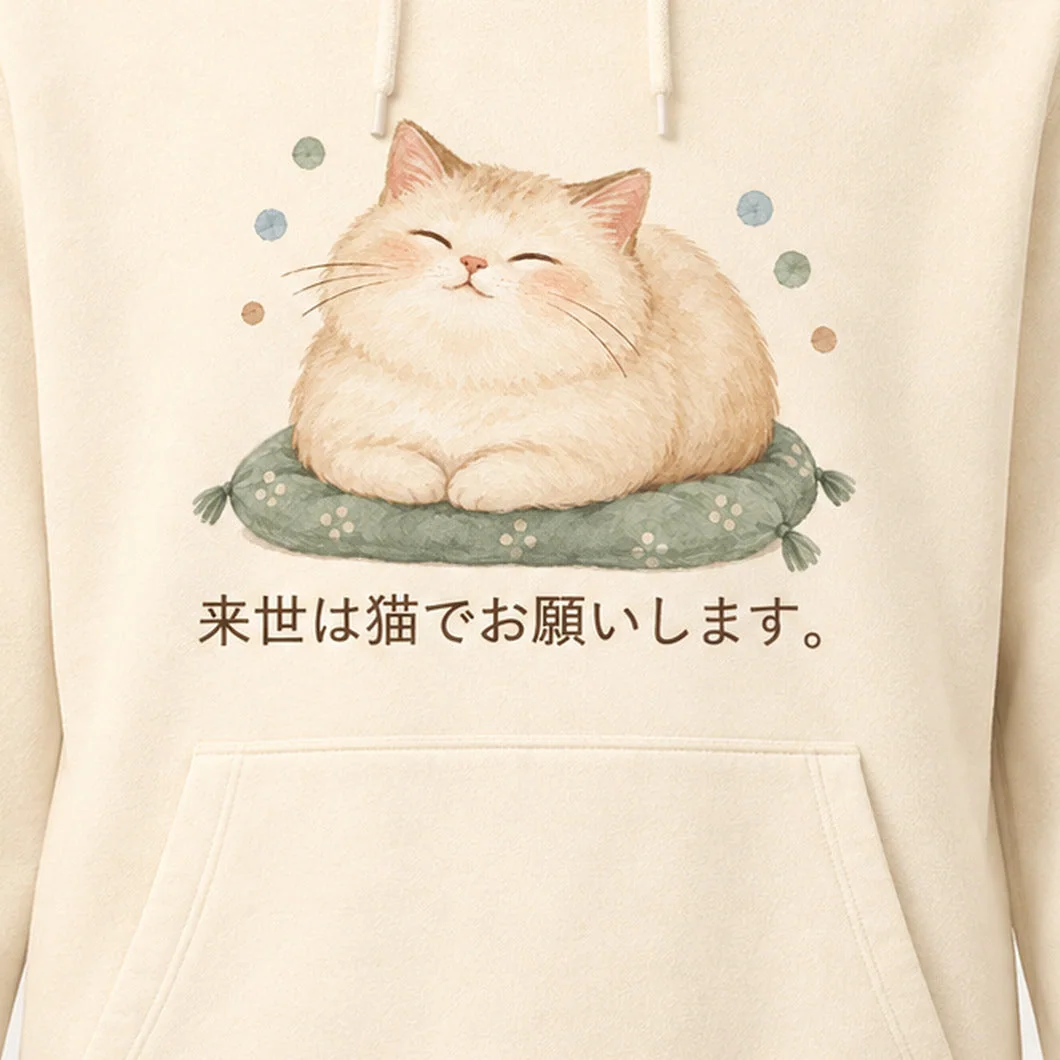 来世は猫で。ごろ寝猫パーカー プリントの拡大