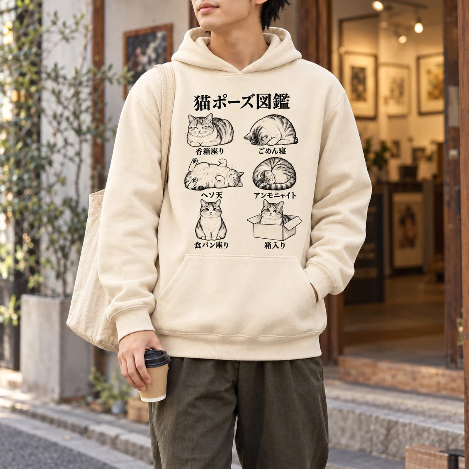 猫ポーズ図鑑パーカー ナチュラル メンズ着用イメージ