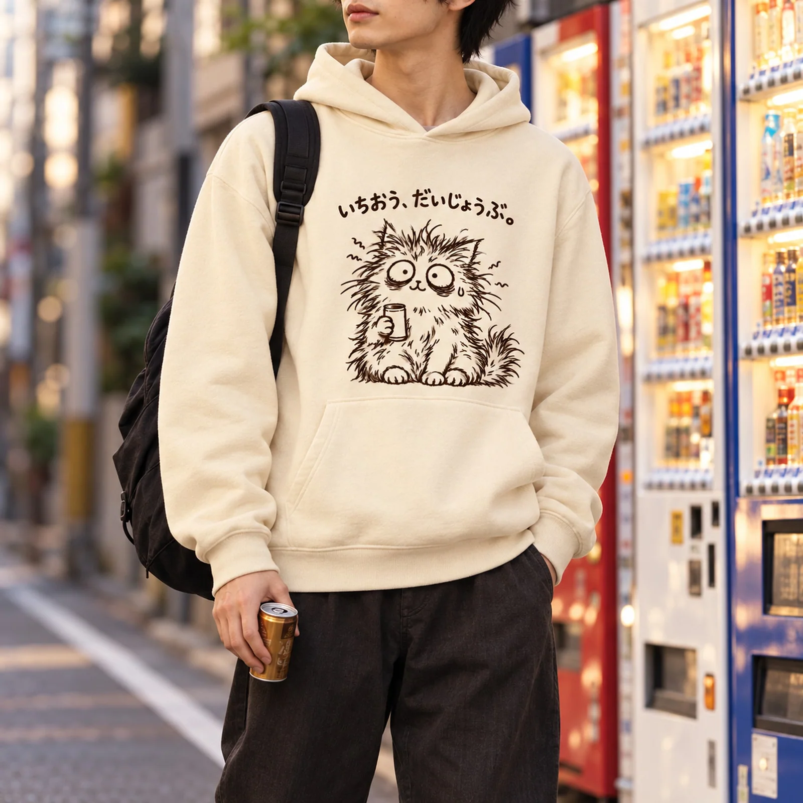 いちおう、だいじょうぶ。ぼさぼさ猫パーカー ナチュラル メンズ着用イメージ