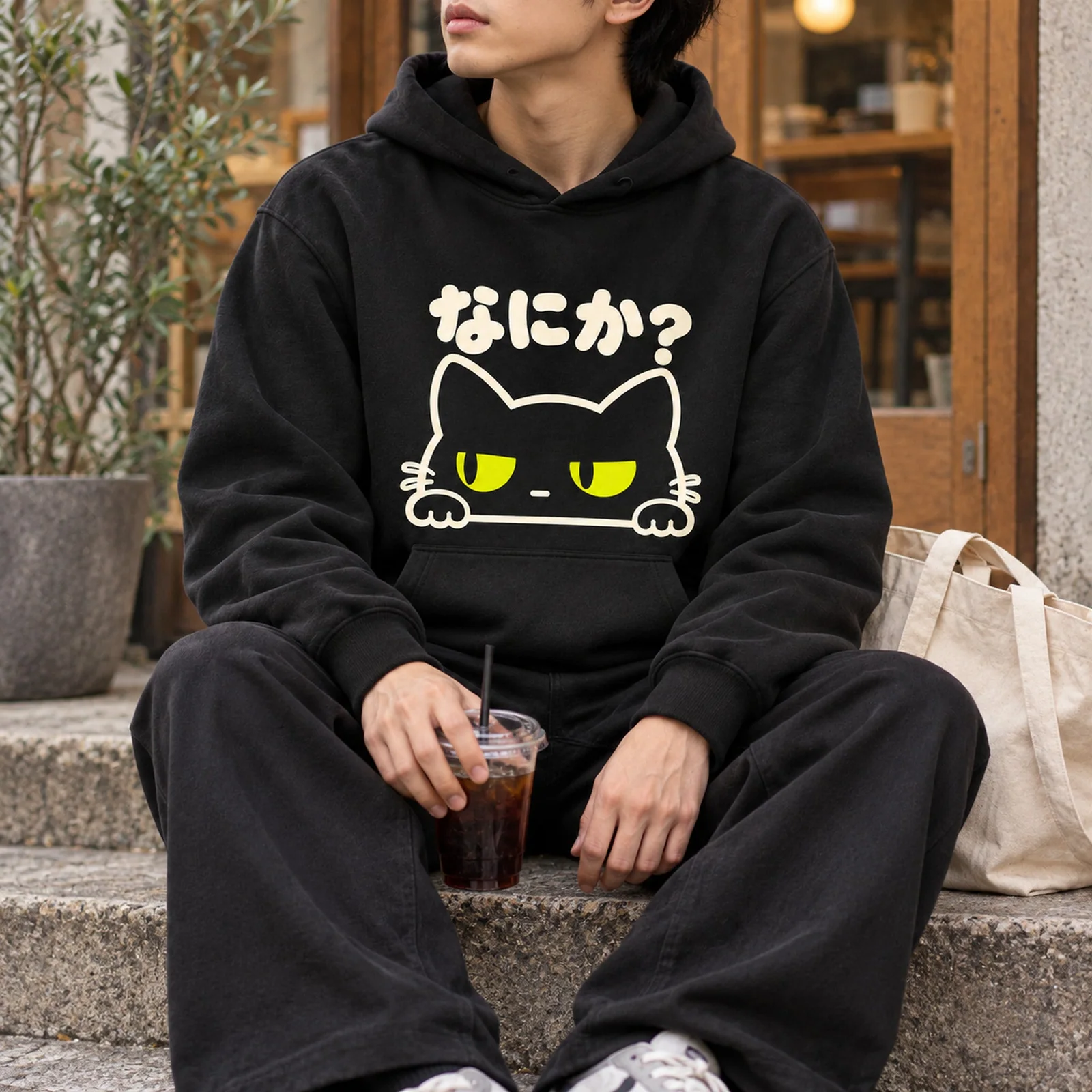 「なにか？」ジト目黒猫パーカー ブラック メンズ着用イメージ