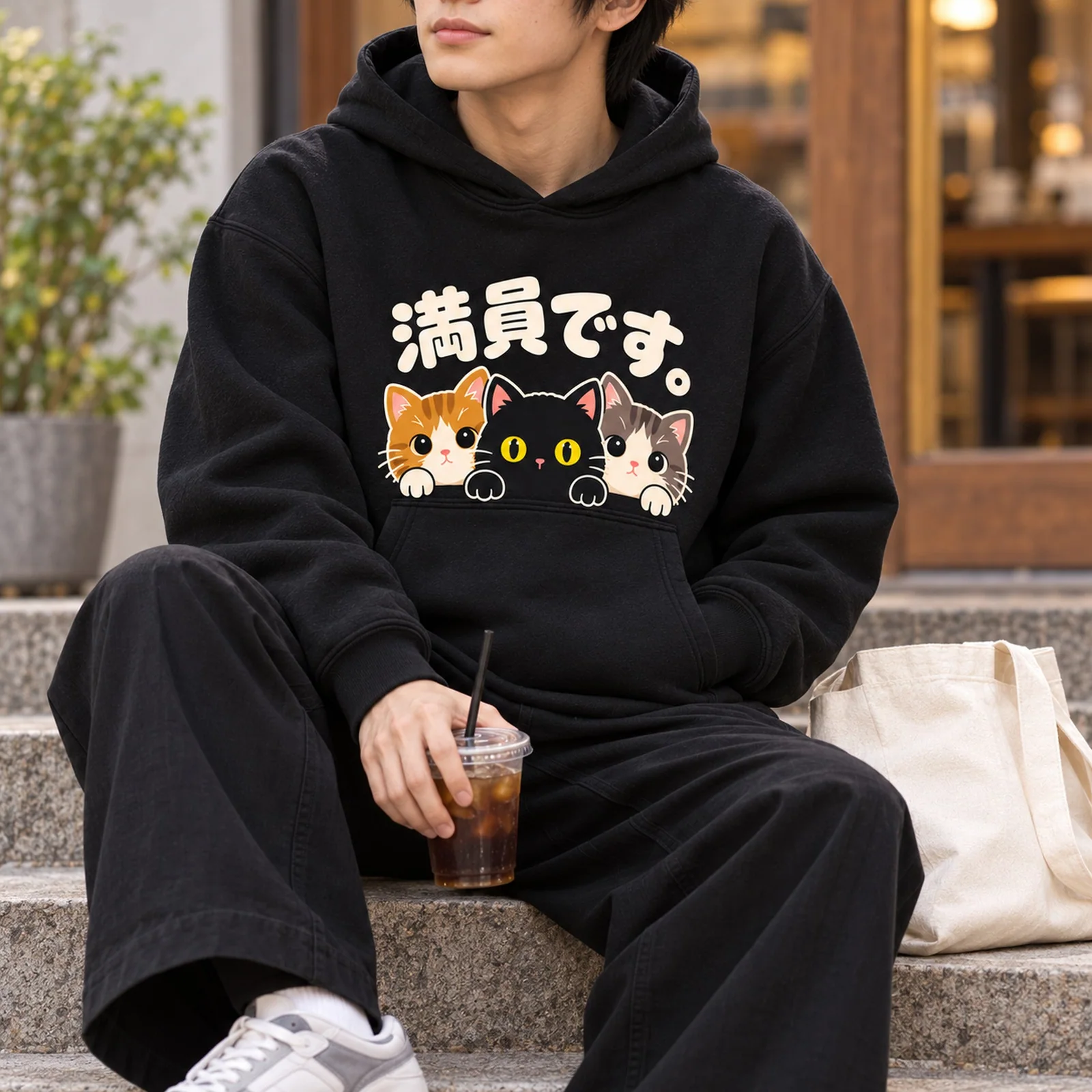 「満員です。」子猫パーカー ブラック メンズ着用イメージ
