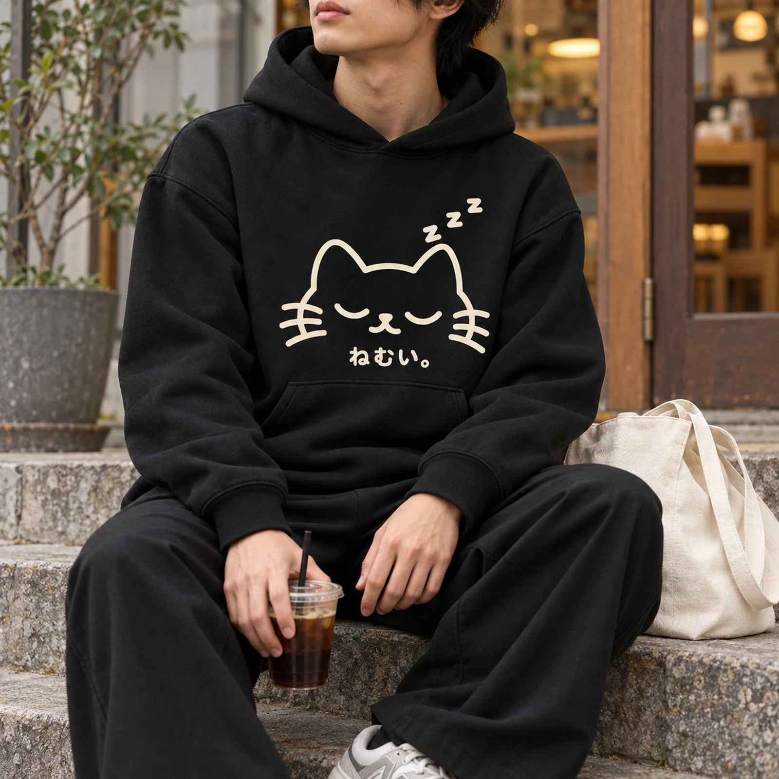 「ねむい。」猫パーカー ブラック メンズ着用イメージ