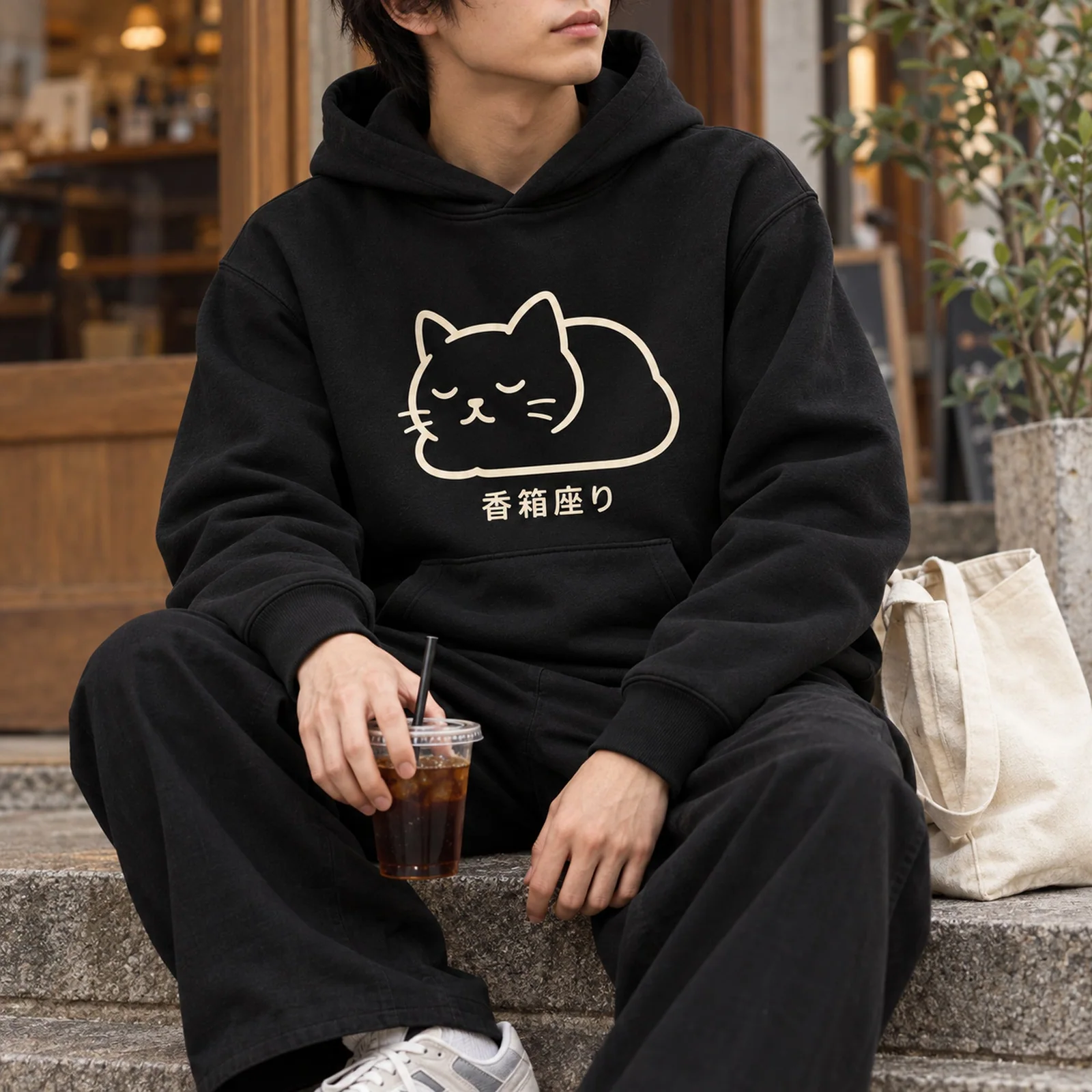 「香箱座り」猫パーカー ブラック メンズ着用イメージ