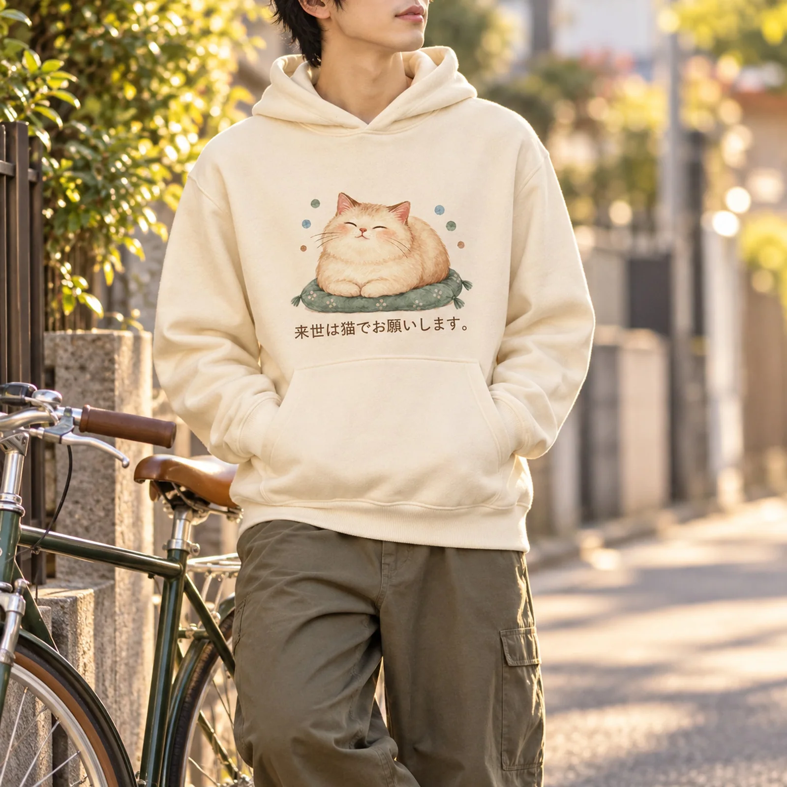 来世は猫で。ごろ寝猫パーカー ナチュラル メンズ着用イメージ