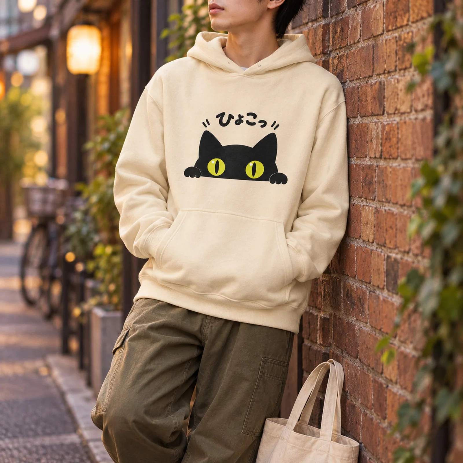 ひょこっ。黒猫パーカー ナチュラル メンズ着用イメージ