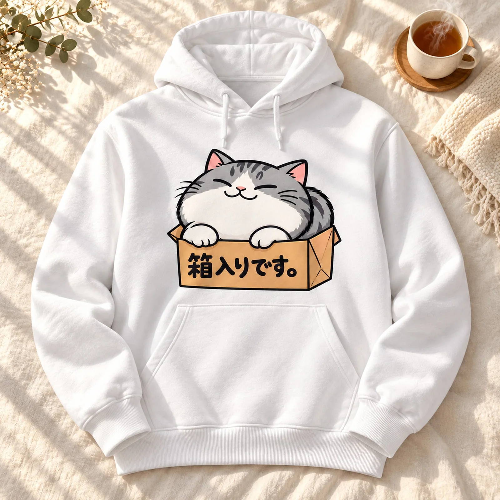「箱入りです。」段ボール猫パーカー 平置きイメージ