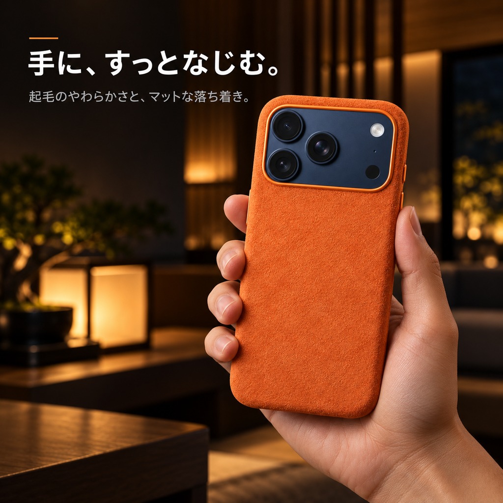 アルカンターラケースを手にしたイメージ iPhone 17 Pro