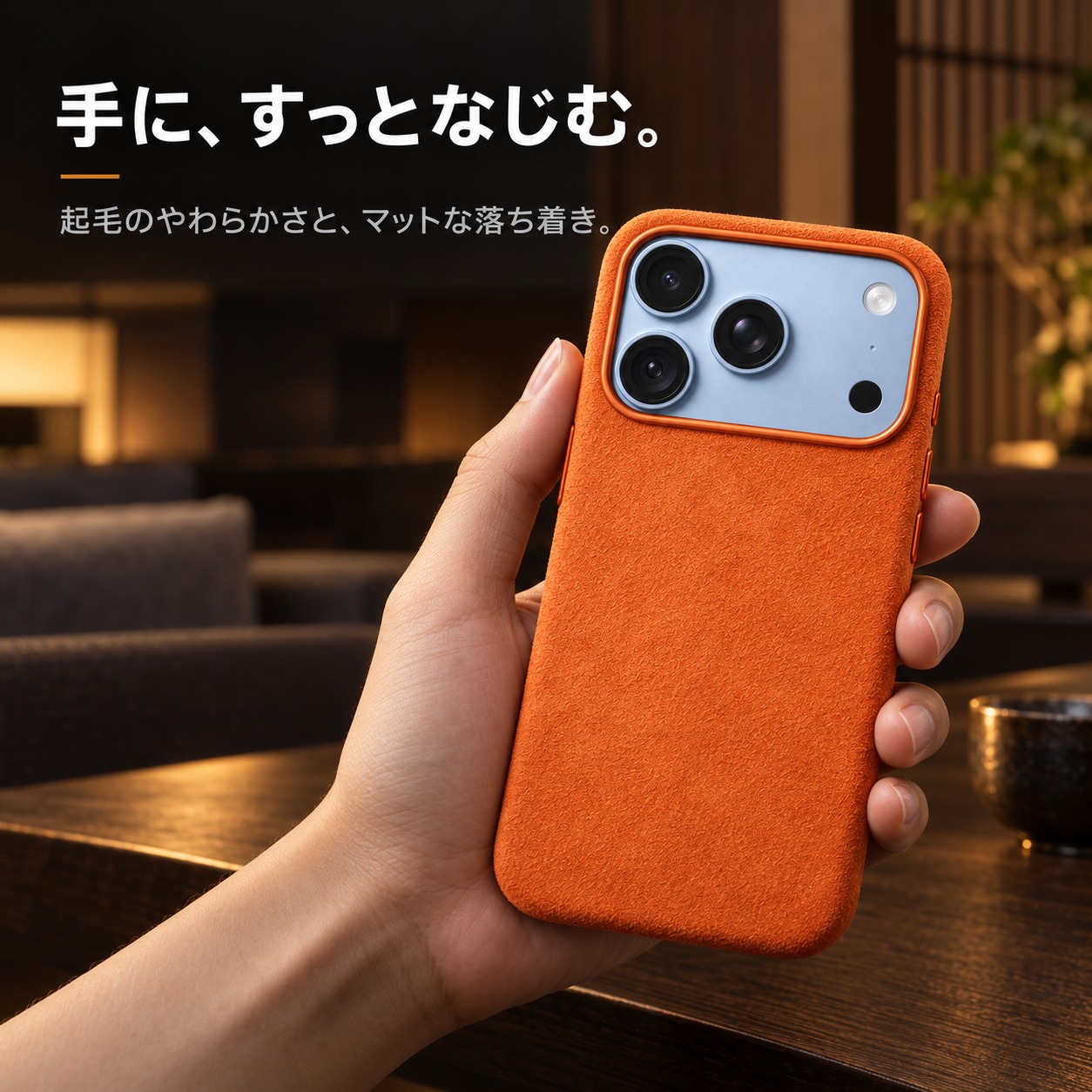 アルカンターラケースを手にしたイメージ iPhone 18 Pro