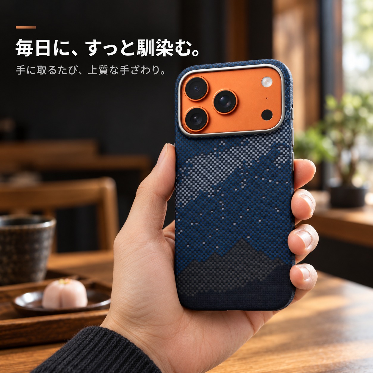 アラミド繊維ケースを手にしたイメージ iPhone 17 Pro