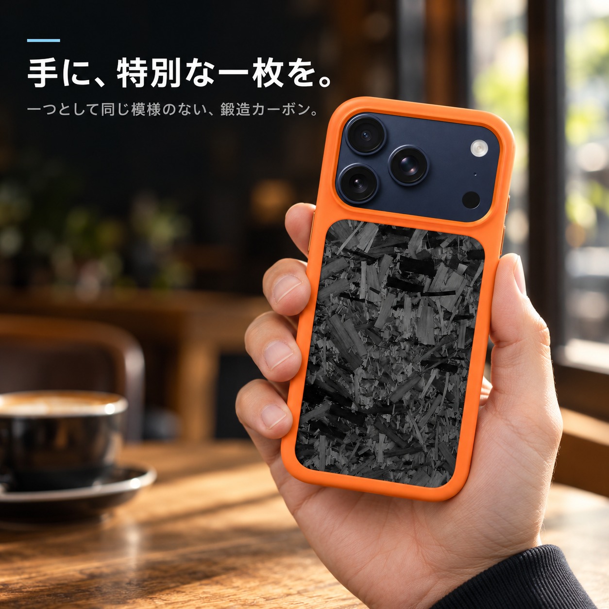 手に持ったiPhone 17 Proと鍛造カーボンケース