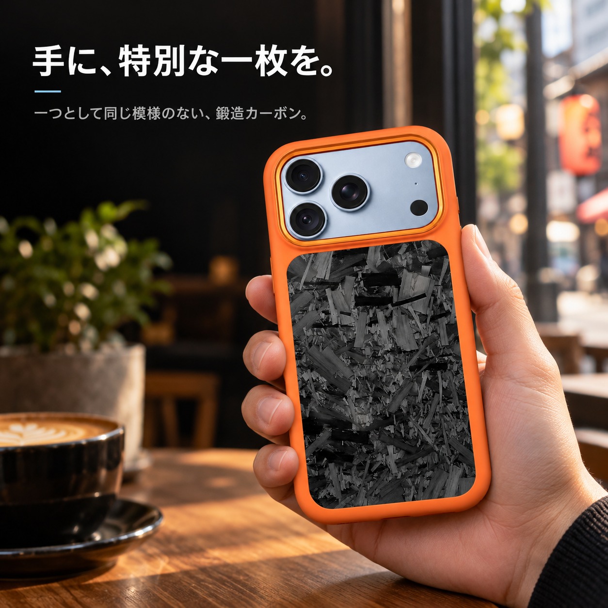 手に持ったiPhone 18 Proと鍛造カーボンケース