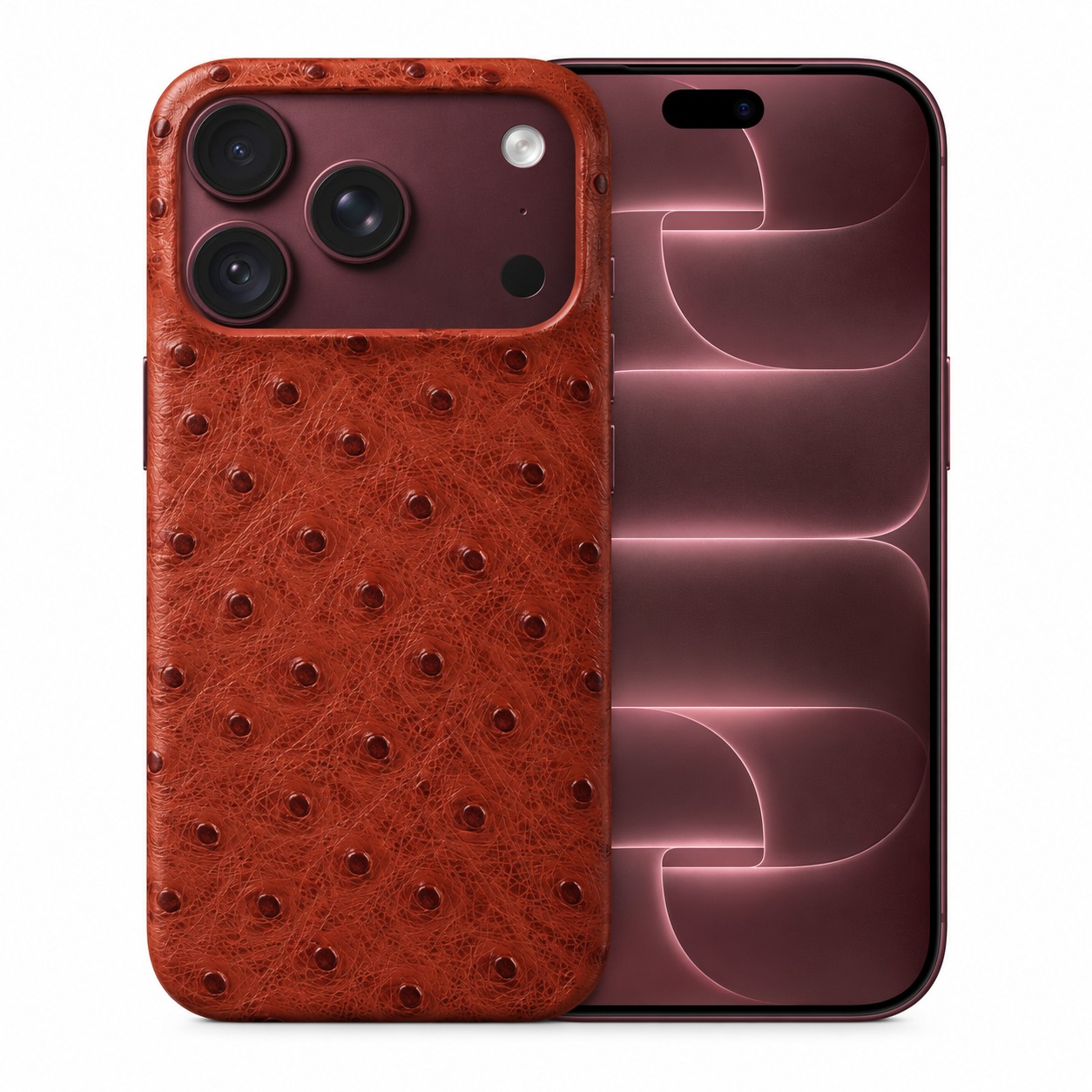 ダチョウ柄本革ケース iPhone 18 Pro レンガレッド
