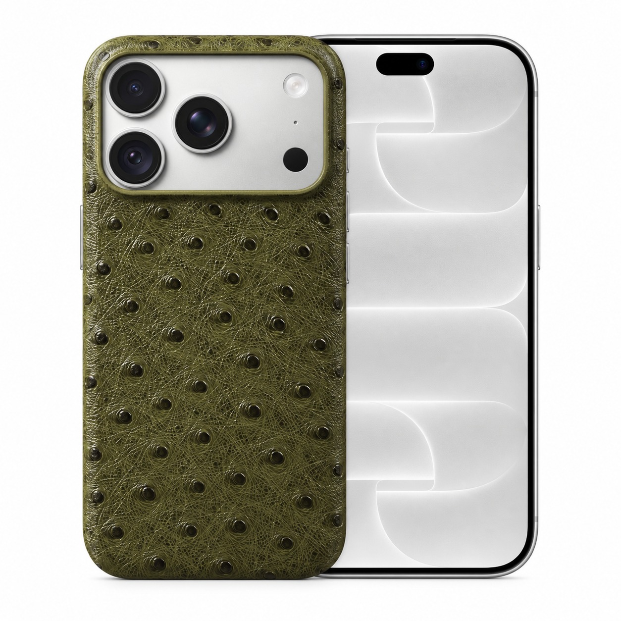 ダチョウ柄本革ケース iPhone 18 Pro オリーブグリーン