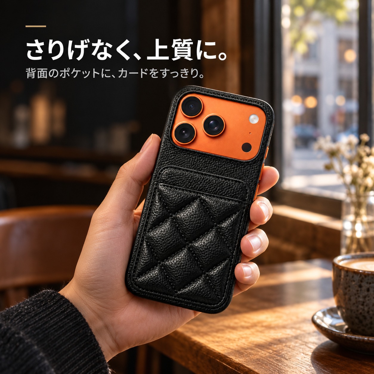 手に持ったiPhone 17 Proとキルティングケース