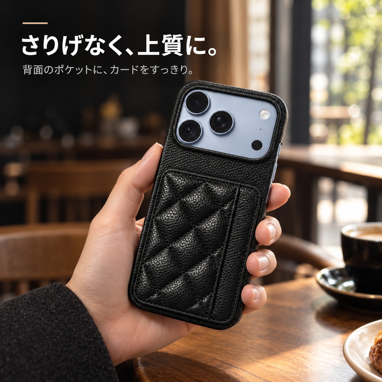 手に持ったiPhone 18 Proとキルティングケース
