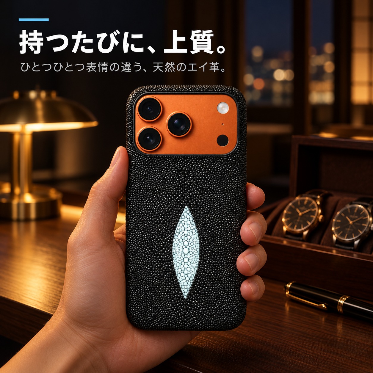 ホテルラウンジで手に持ったブラック・ホワイトアイのエイ革ケース iPhone 17 Pro