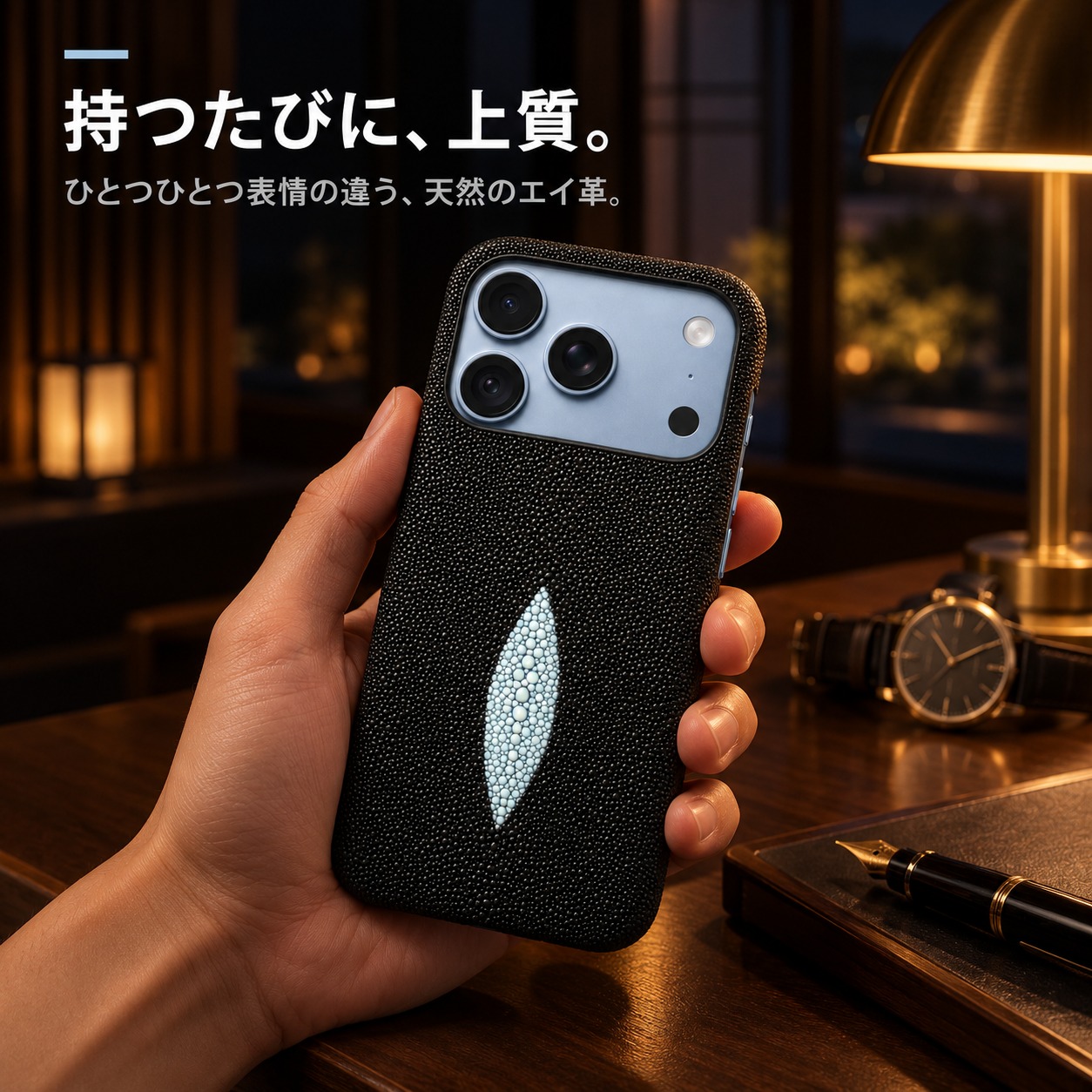 ホテルラウンジで手に持ったブラック・ホワイトアイのエイ革ケース iPhone 18 Pro