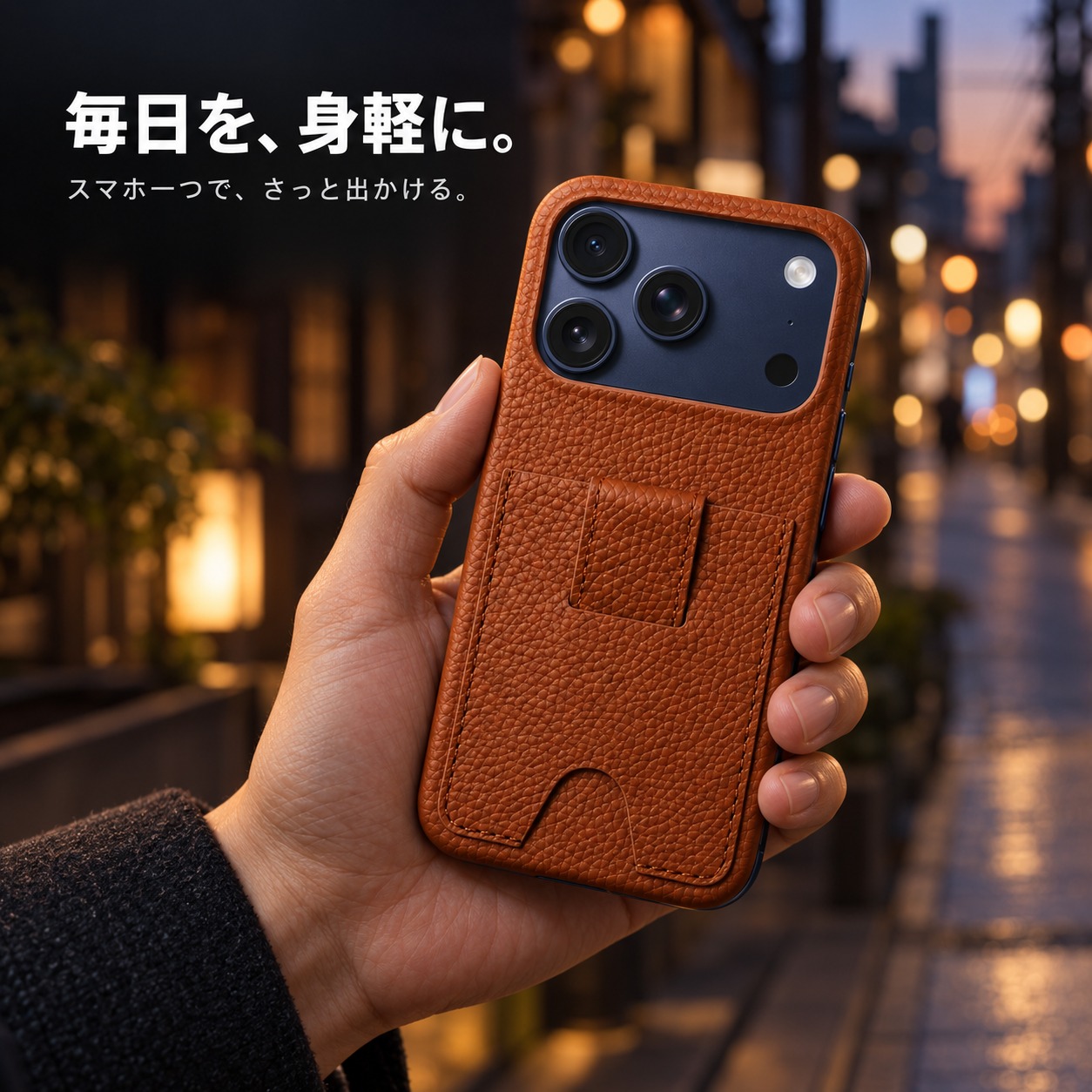 手に持ったiPhone 17 Proと本革ケース