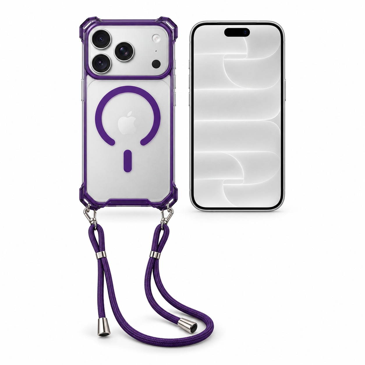 ストラップ付きクリアケース パープル（iPhone 18 Pro装着イメージ）