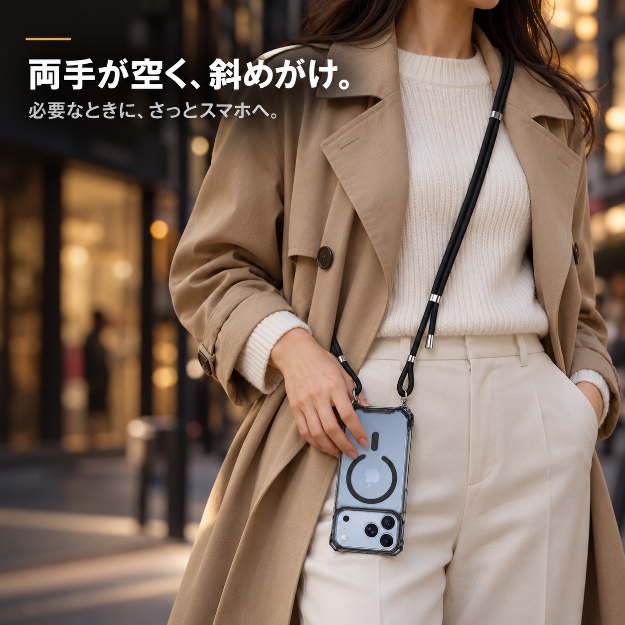 ストラップを斜めがけして持ち歩く着用イメージ