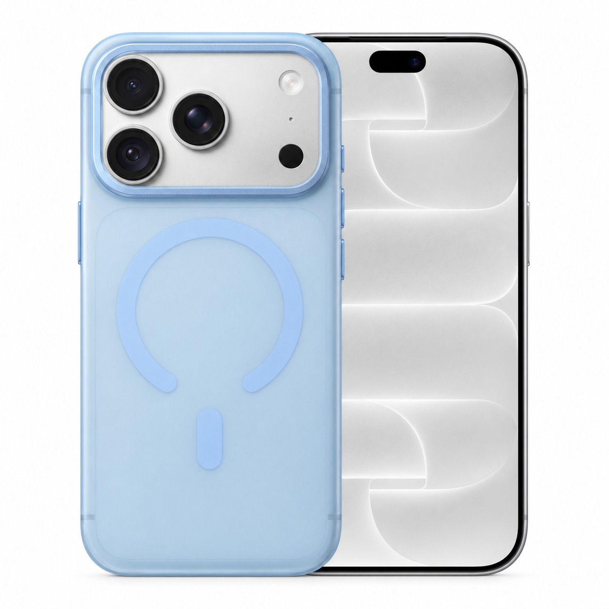 半透明フロストケース ライトブルー（iPhone 18 Pro装着イメージ）