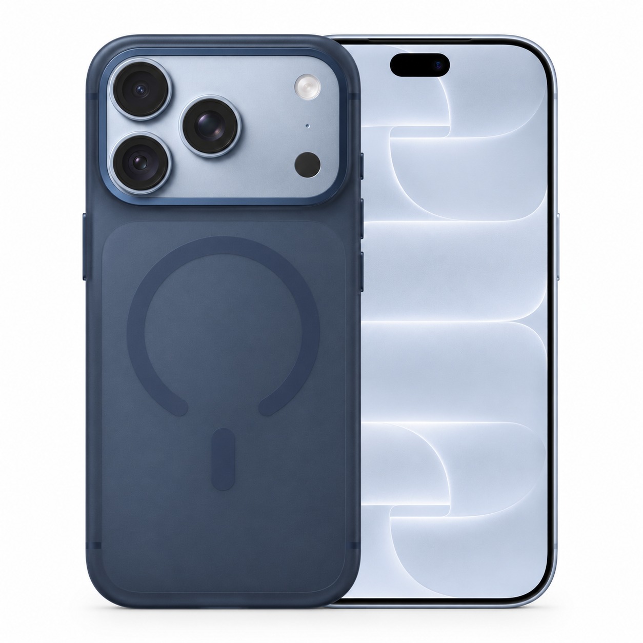 半透明フロストケース ネイビー（iPhone 18 Pro装着イメージ）