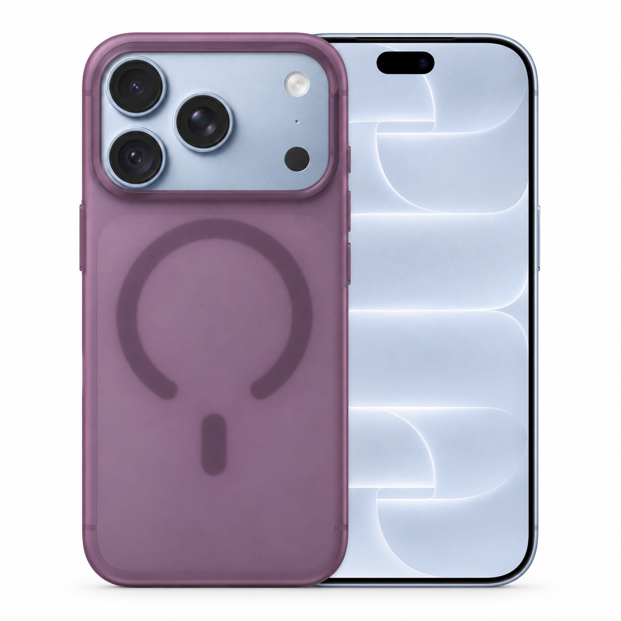 半透明フロストケース パープル（iPhone 18 Pro装着イメージ）
