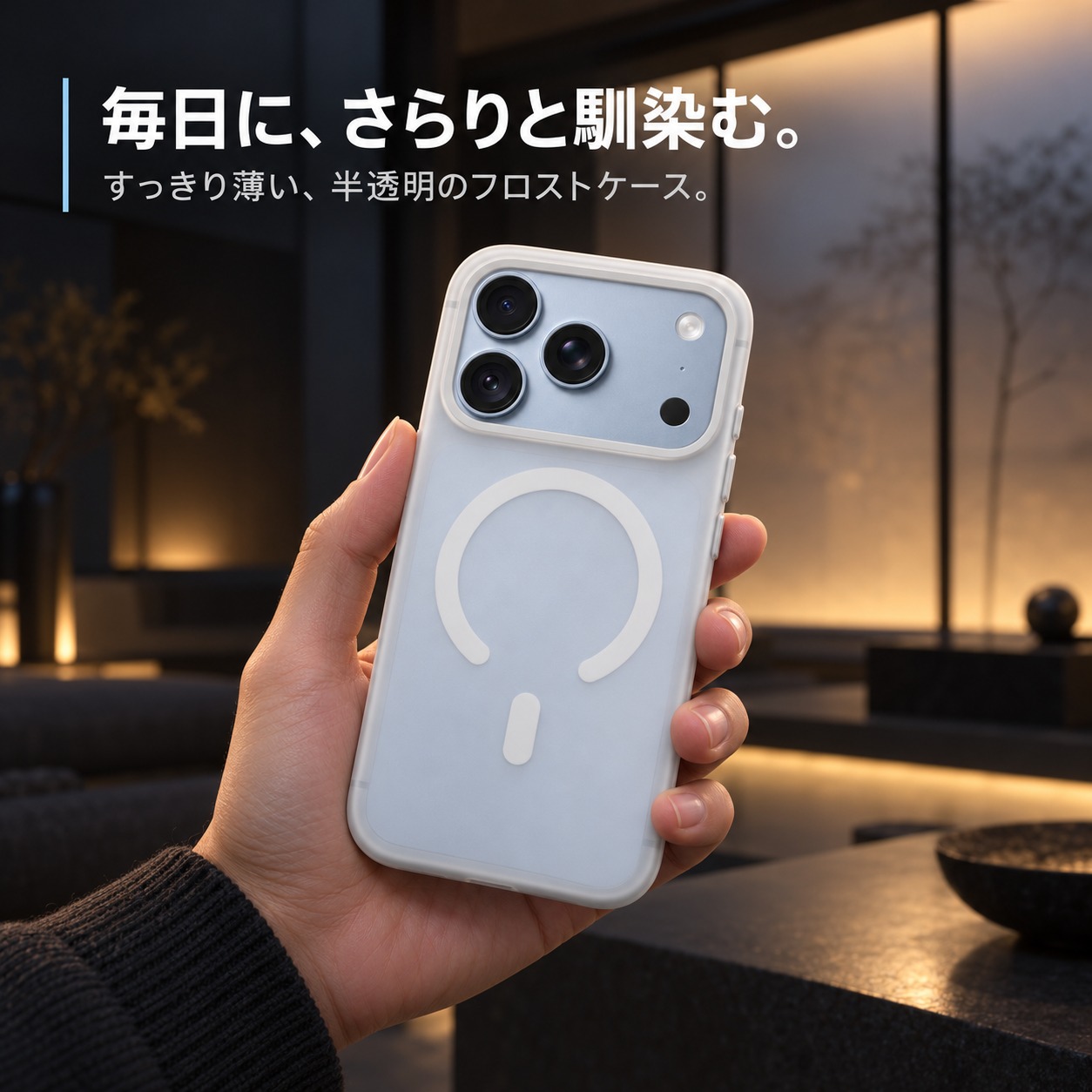 手に持ったiPhone 18 Proとホワイトのフロストケース