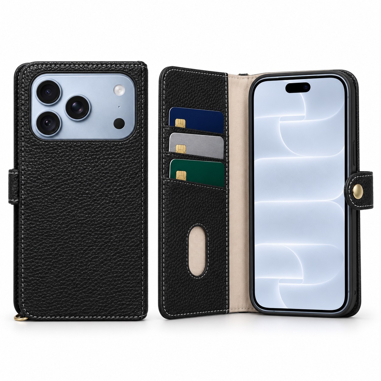 手帳型ウォレットケース ブラック（背面と見開き・iPhone 18 Pro装着イメージ）