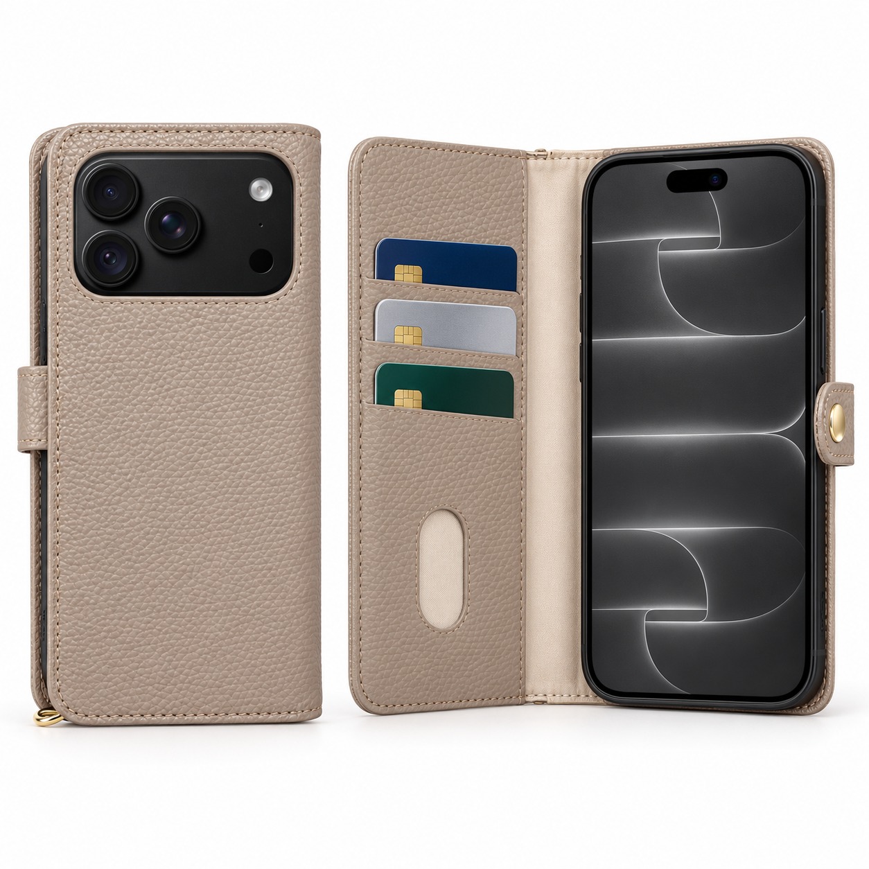 手帳型ウォレットケース グレージュ（背面と見開き・iPhone 18 Pro装着イメージ）