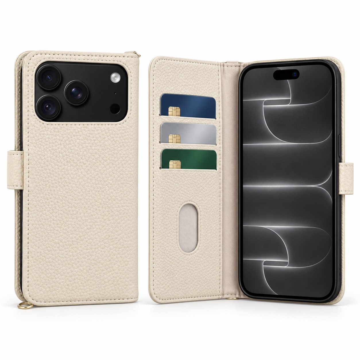 手帳型ウォレットケース アイボリー（背面と見開き・iPhone 18 Pro装着イメージ）