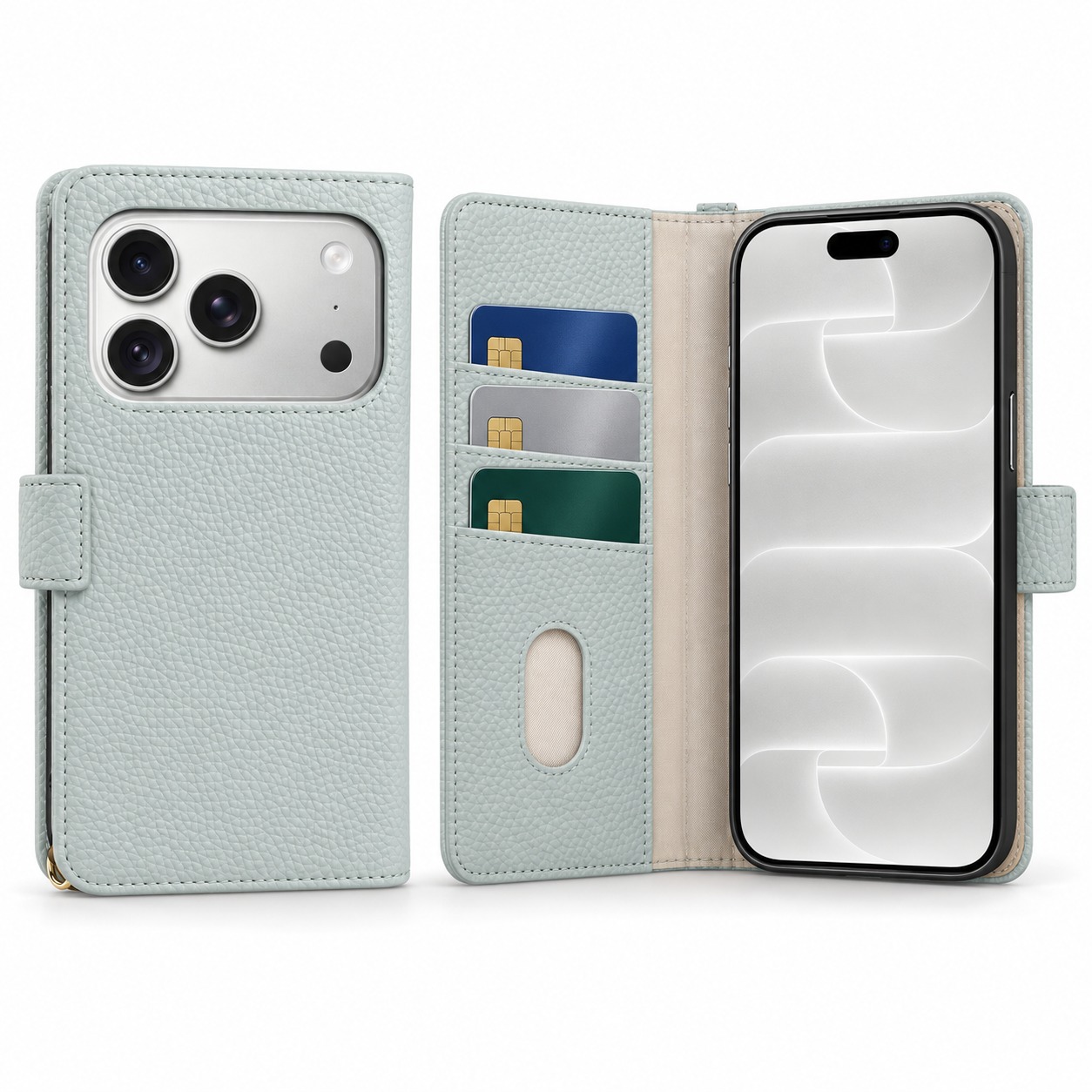 手帳型ウォレットケース ライトブルー（背面と見開き・iPhone 18 Pro装着イメージ）