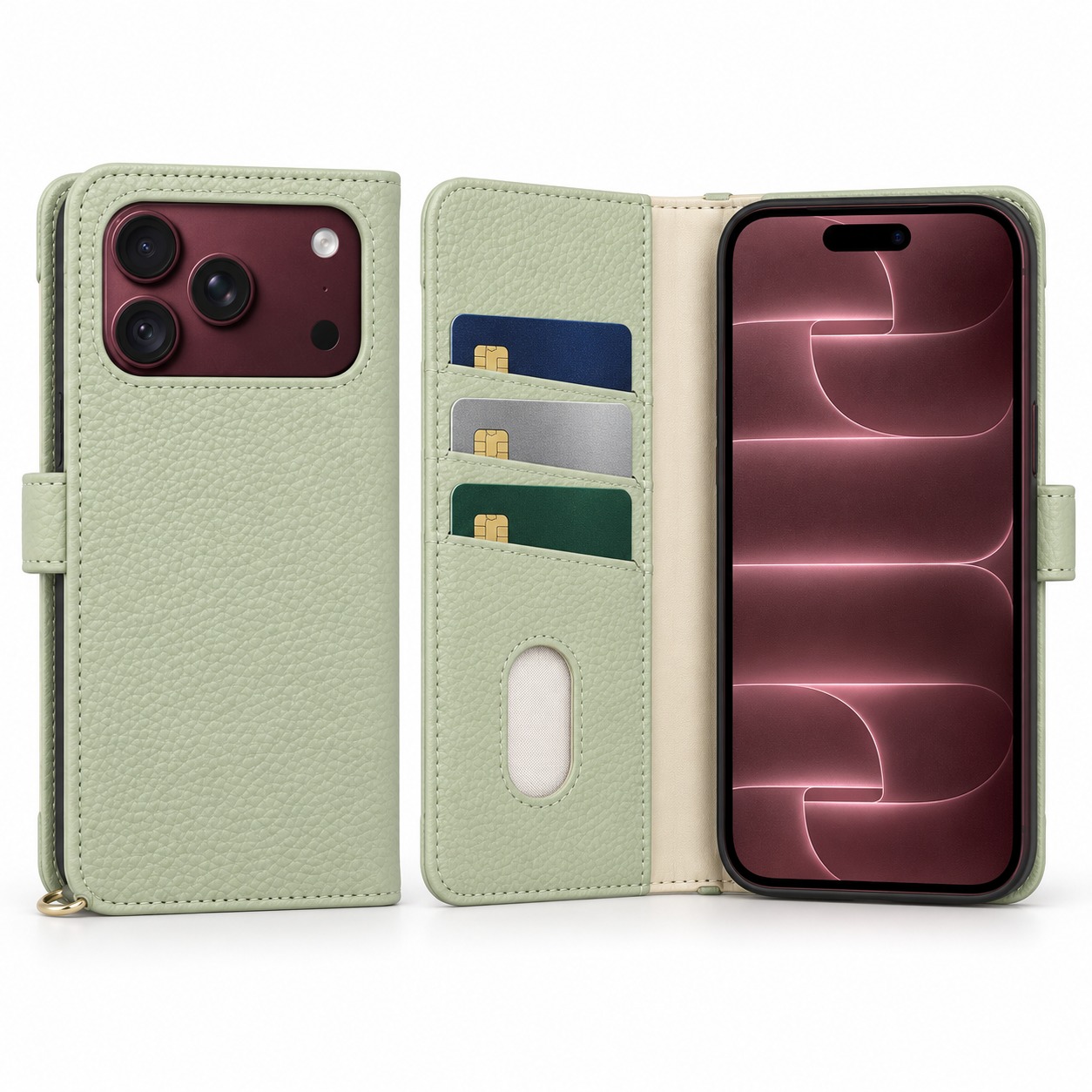 手帳型ウォレットケース セージグリーン（背面と見開き・iPhone 18 Pro装着イメージ）