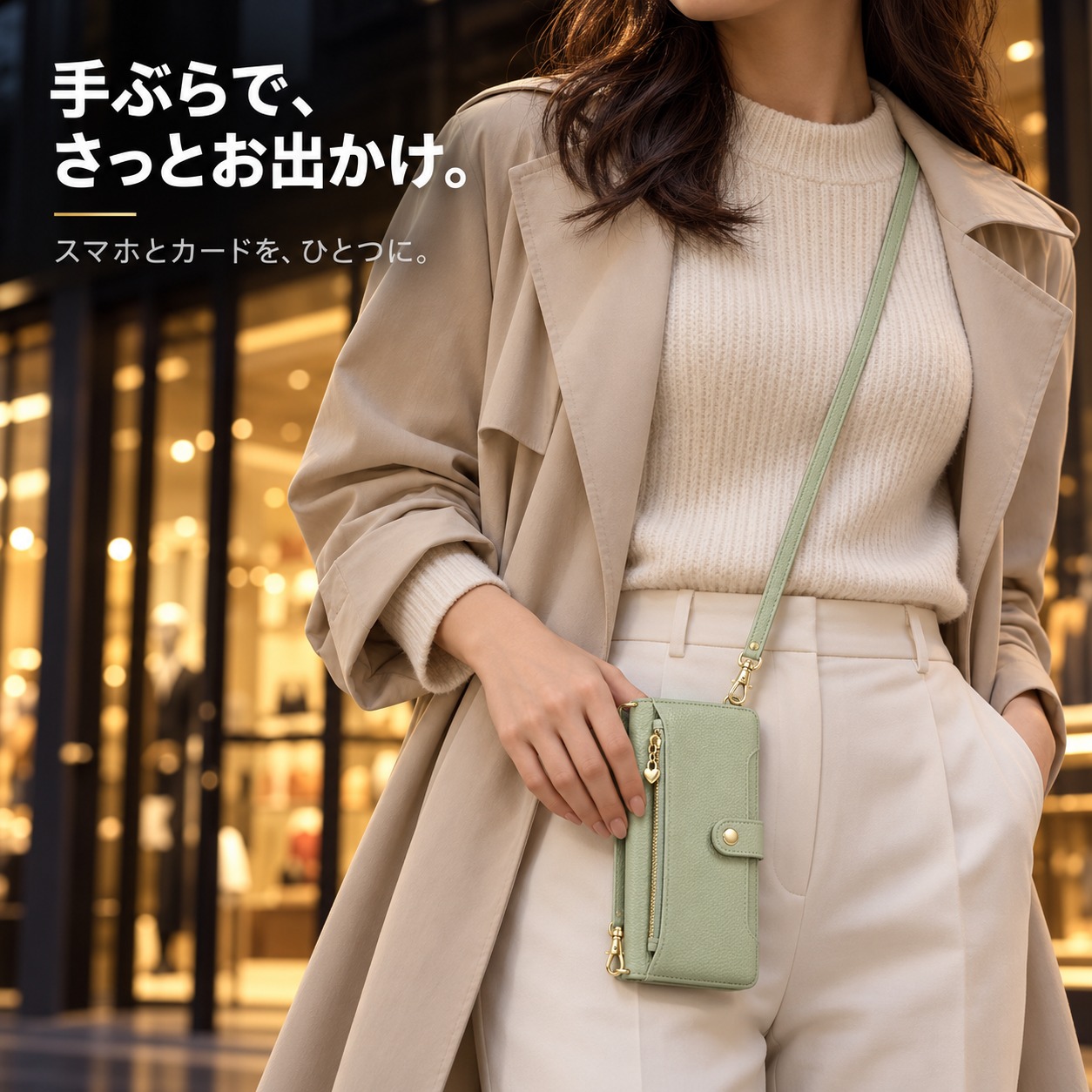 ショルダーストラップで斜めがけした着用イメージ（セージグリーン）