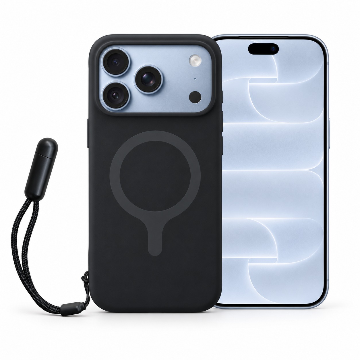 シリコンケース リストストラップ付き ブラック（iPhone 18 Pro装着イメージ）
