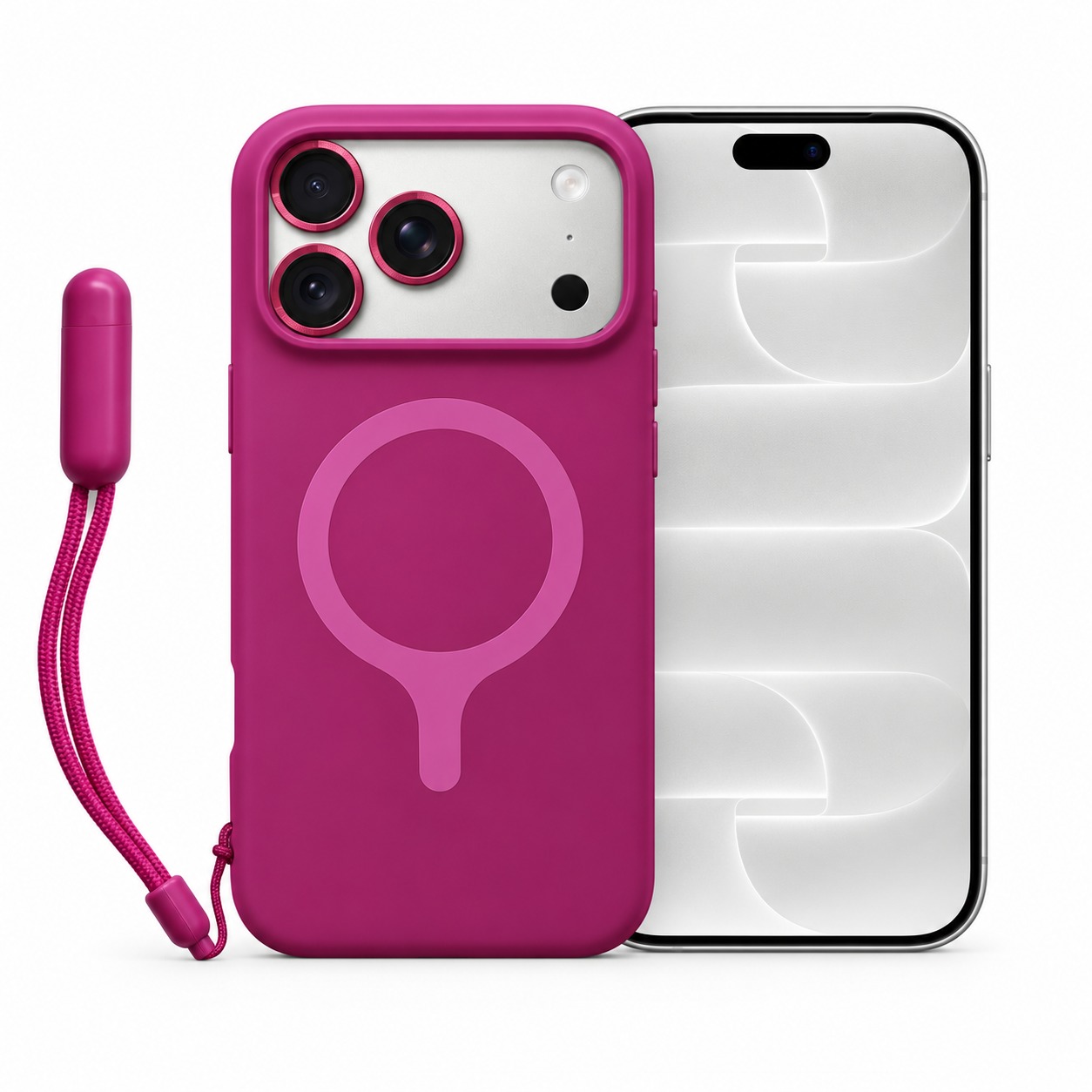シリコンケース リストストラップ付き チェリーレッド（iPhone 18 Pro装着イメージ）