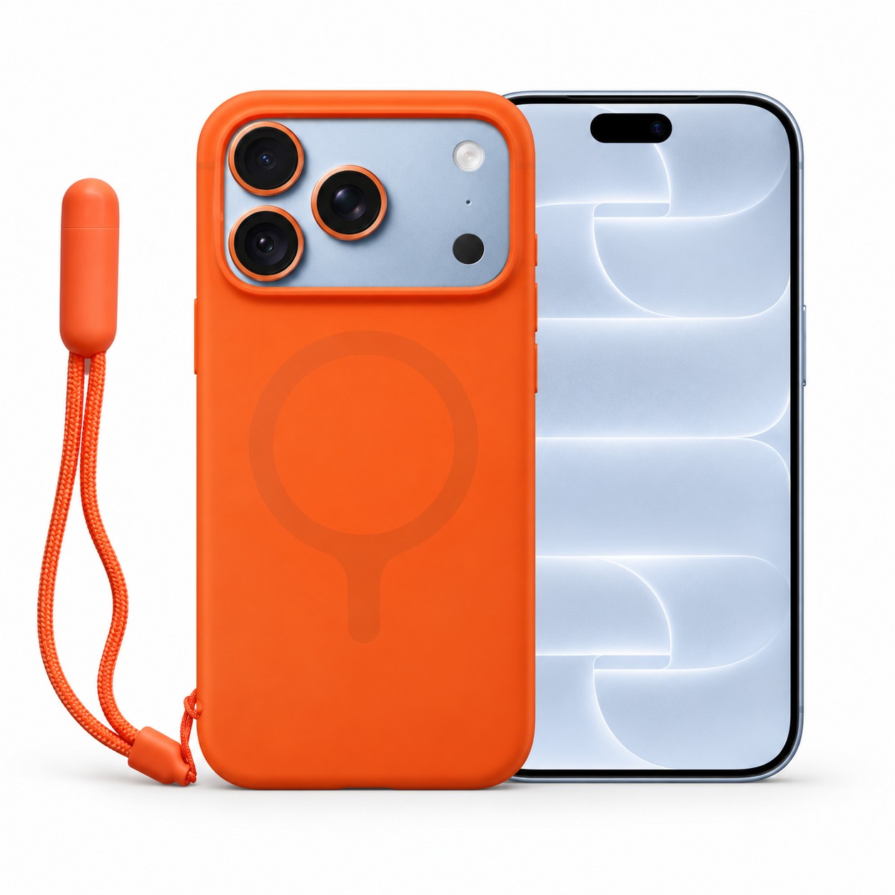 シリコンケース リストストラップ付き オレンジ（iPhone 18 Pro装着イメージ）